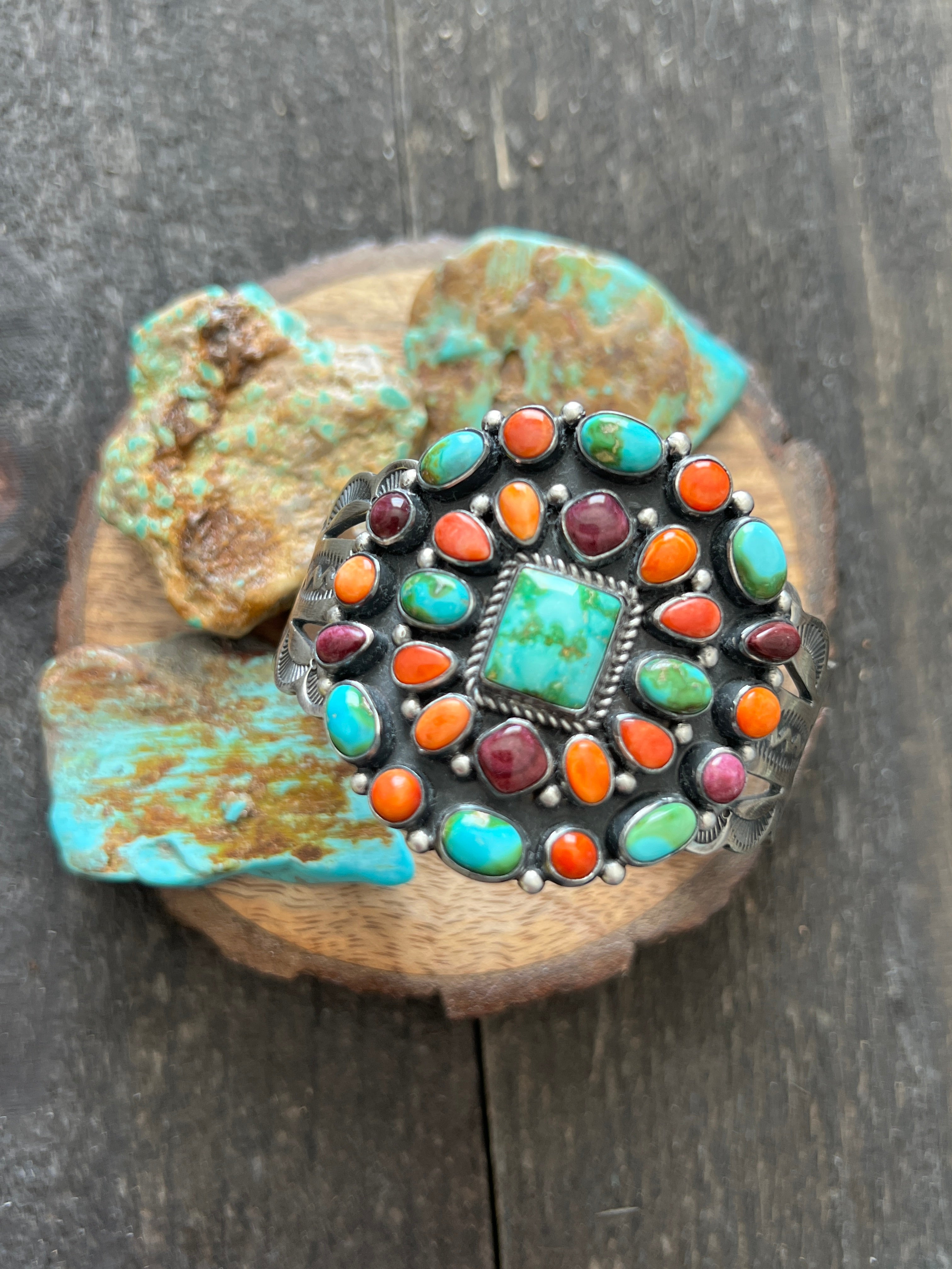 Handcrafted Sterling Silver Electric Rainbow Sonoran Turquoise and Spiny Oyster Cluster Cuff Bracelet by Murphy Platero