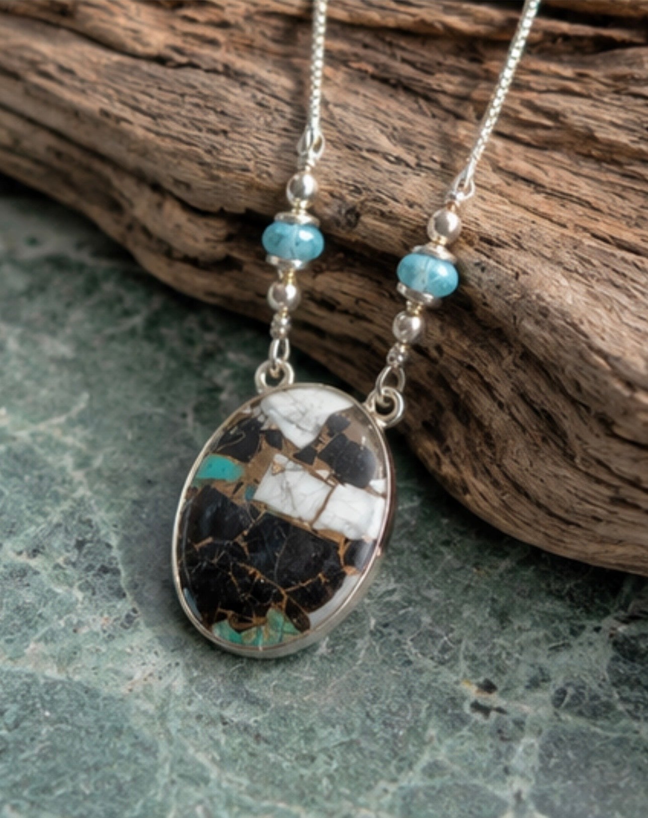Mosaic Mojave Turquoise Gemstone With Aquamarine Beads Sterling Silver Necklace