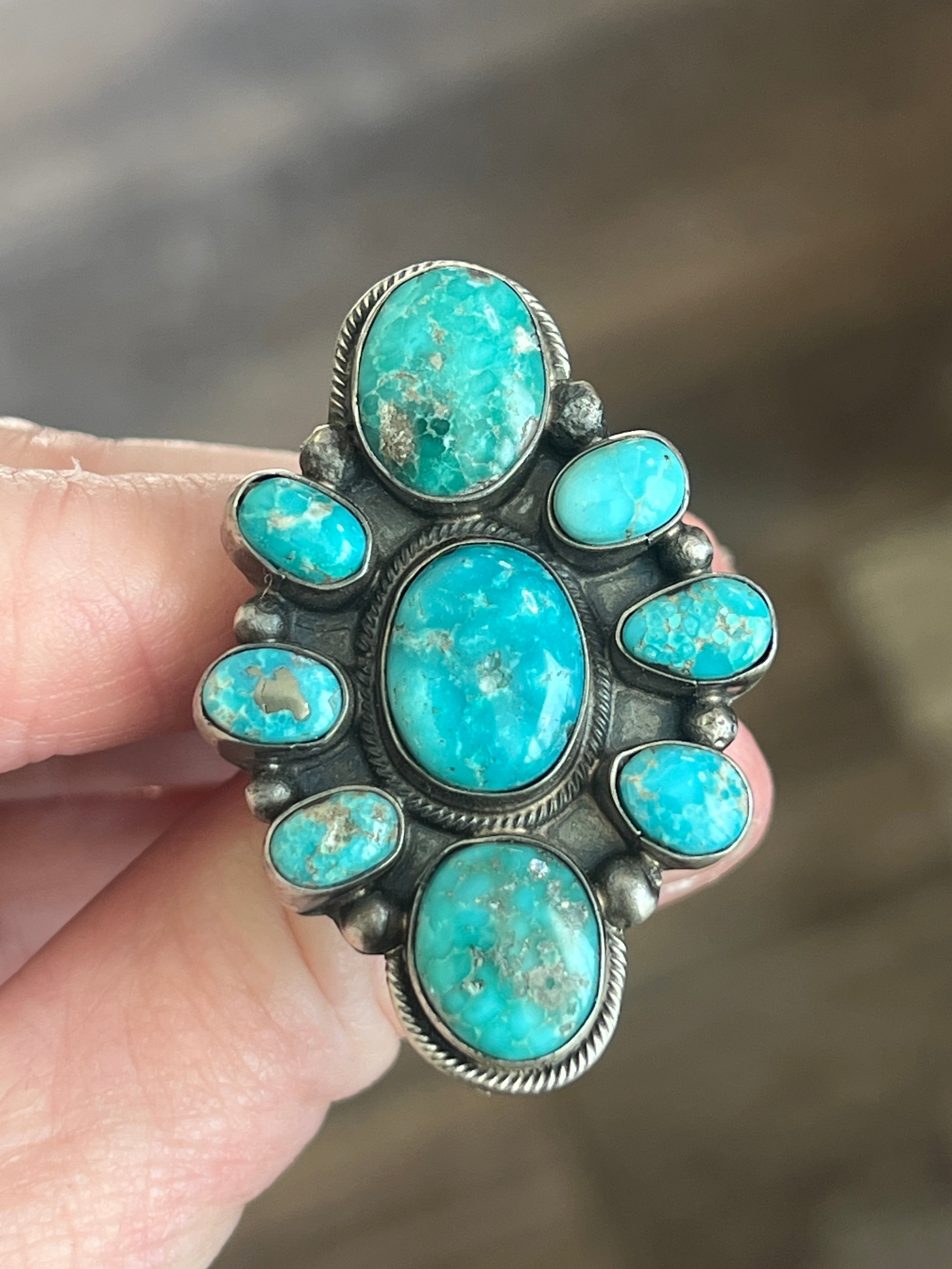 Handcrafted Sterling Silver and Natural Campitos Turquoise Cluster Rings by Sheila Becenti
