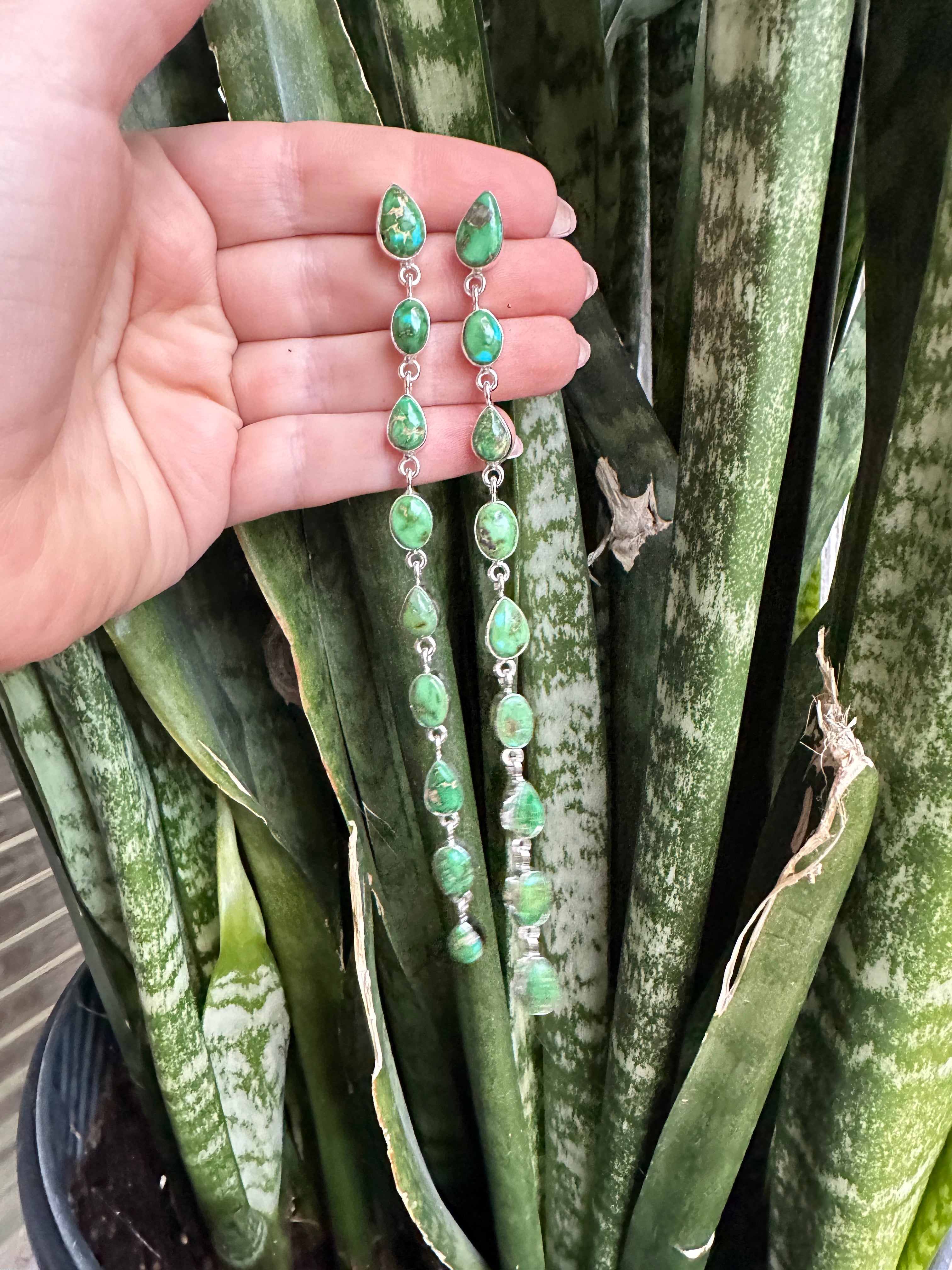 Handmade Sonoran Turquoise & Sterling Silver 9 Stone Drop Dangle Earrings