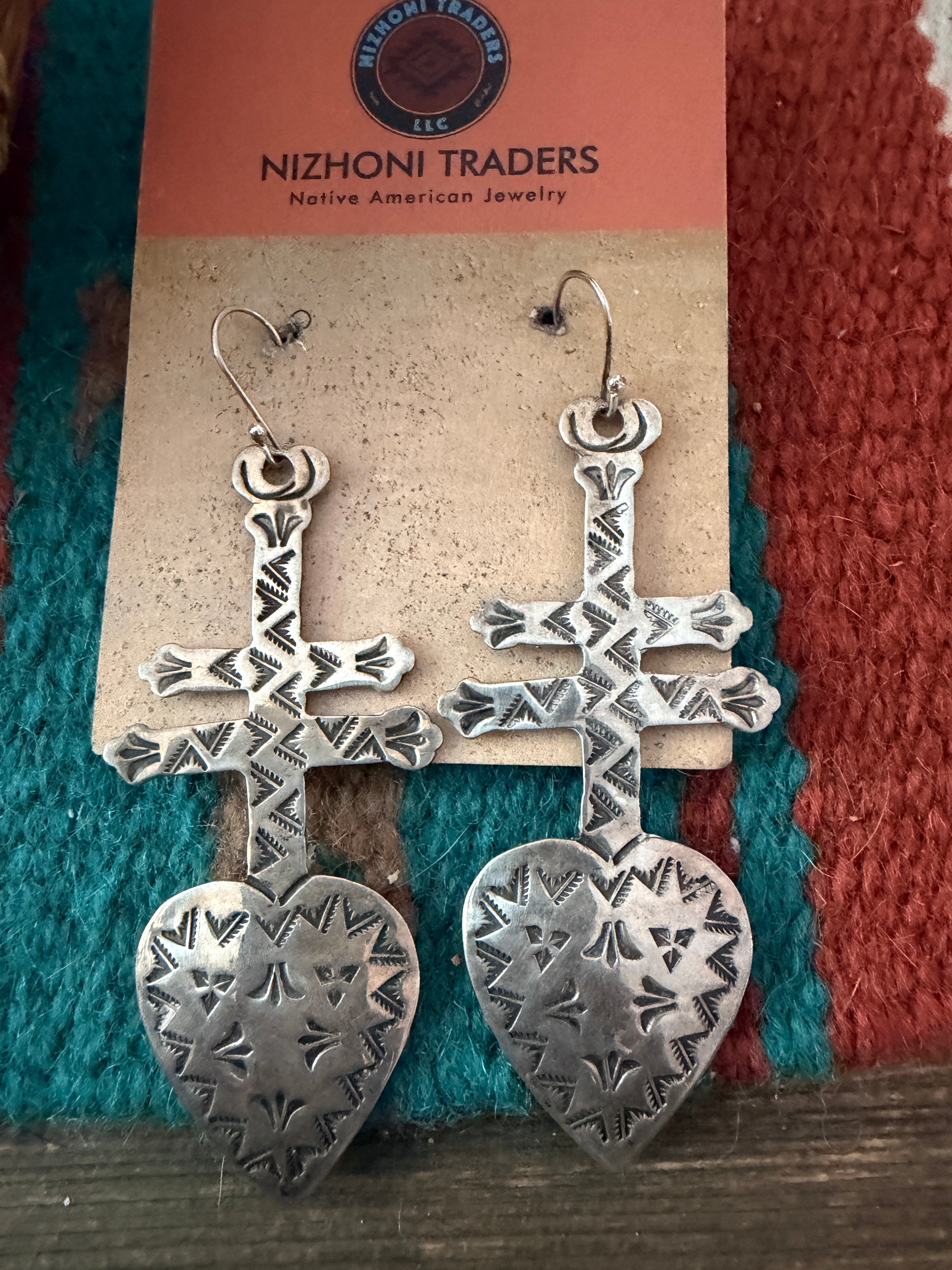 Old Pawn Handcrafted Sterling Silver Heart Cross Dangle Earrings