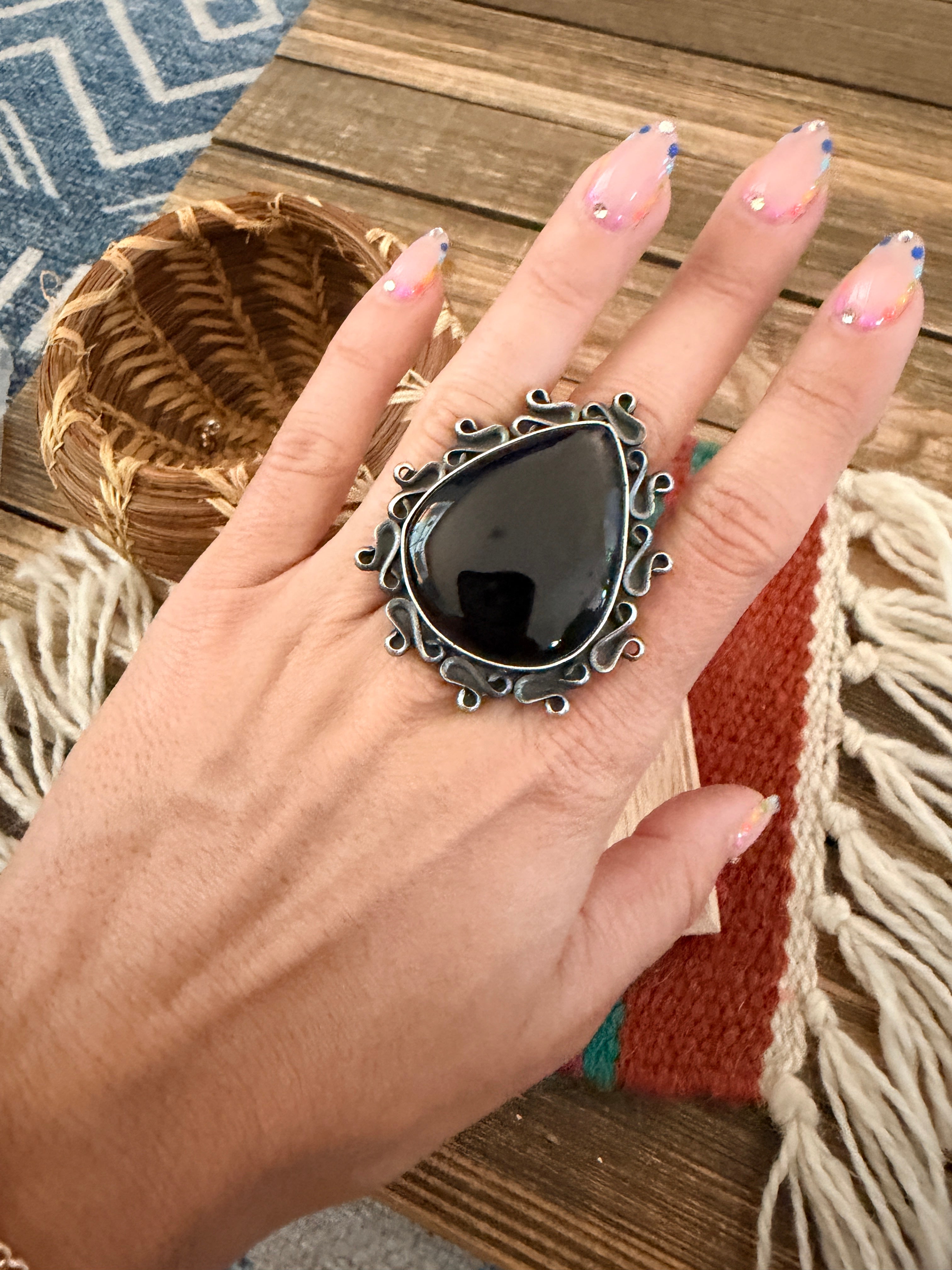 Handcrafted Black Onyx & Sterling Silver Ring Size 6.25