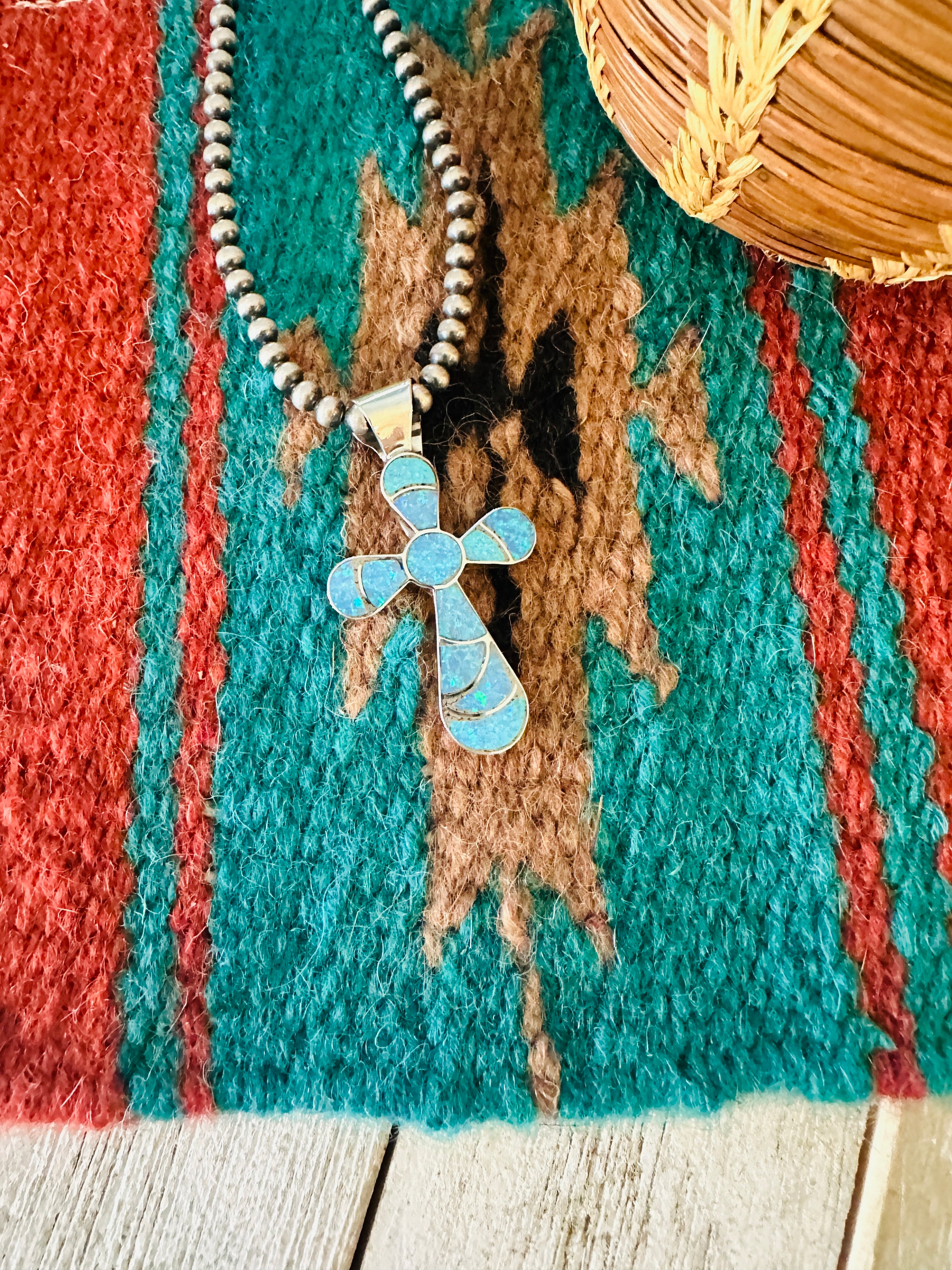 Handcrafted Sterling Silver & Blue qOpal Inlay Cross Pendant Signed