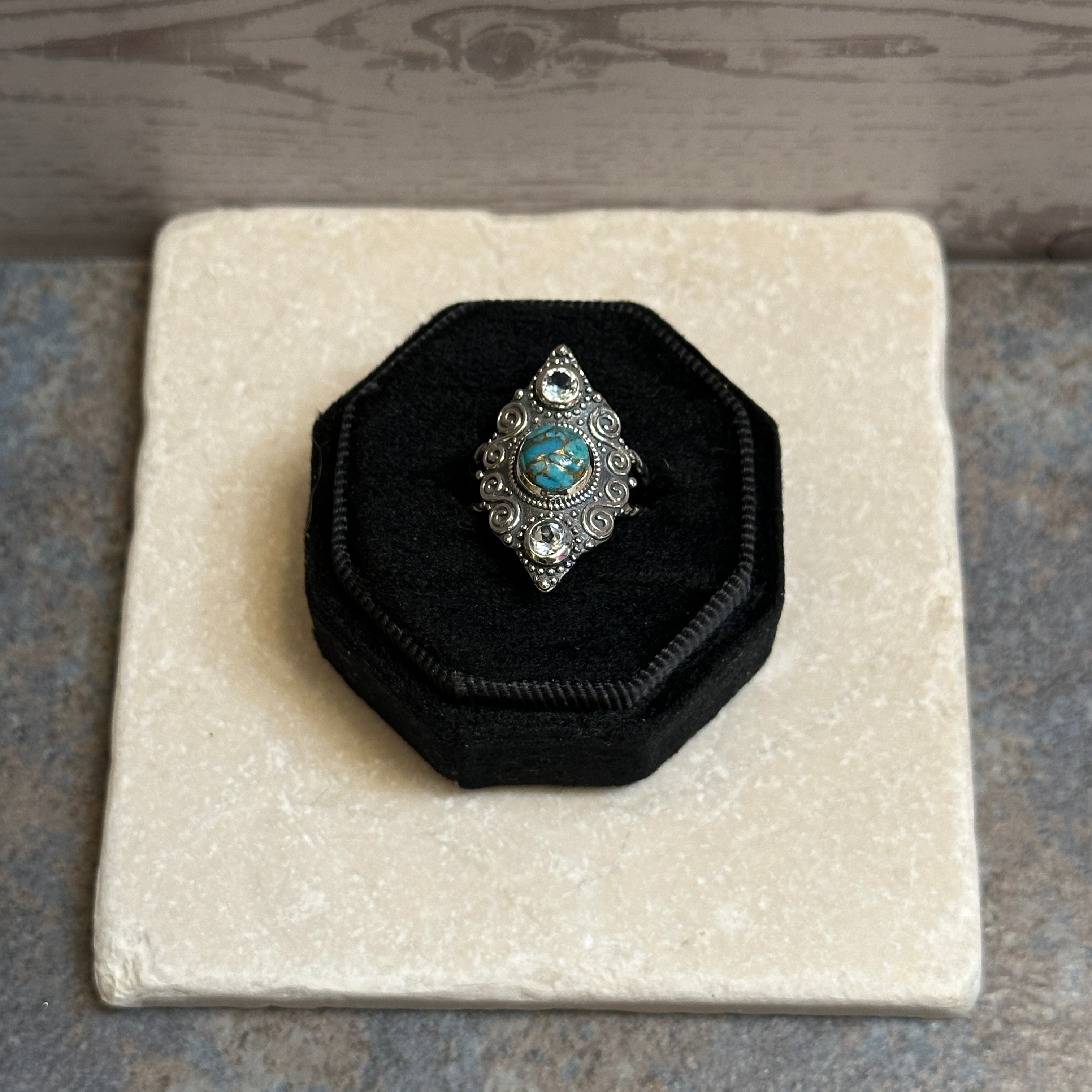 Sterling Silver Etched Copper Turquoise & Blue Topaz Ring Size 8