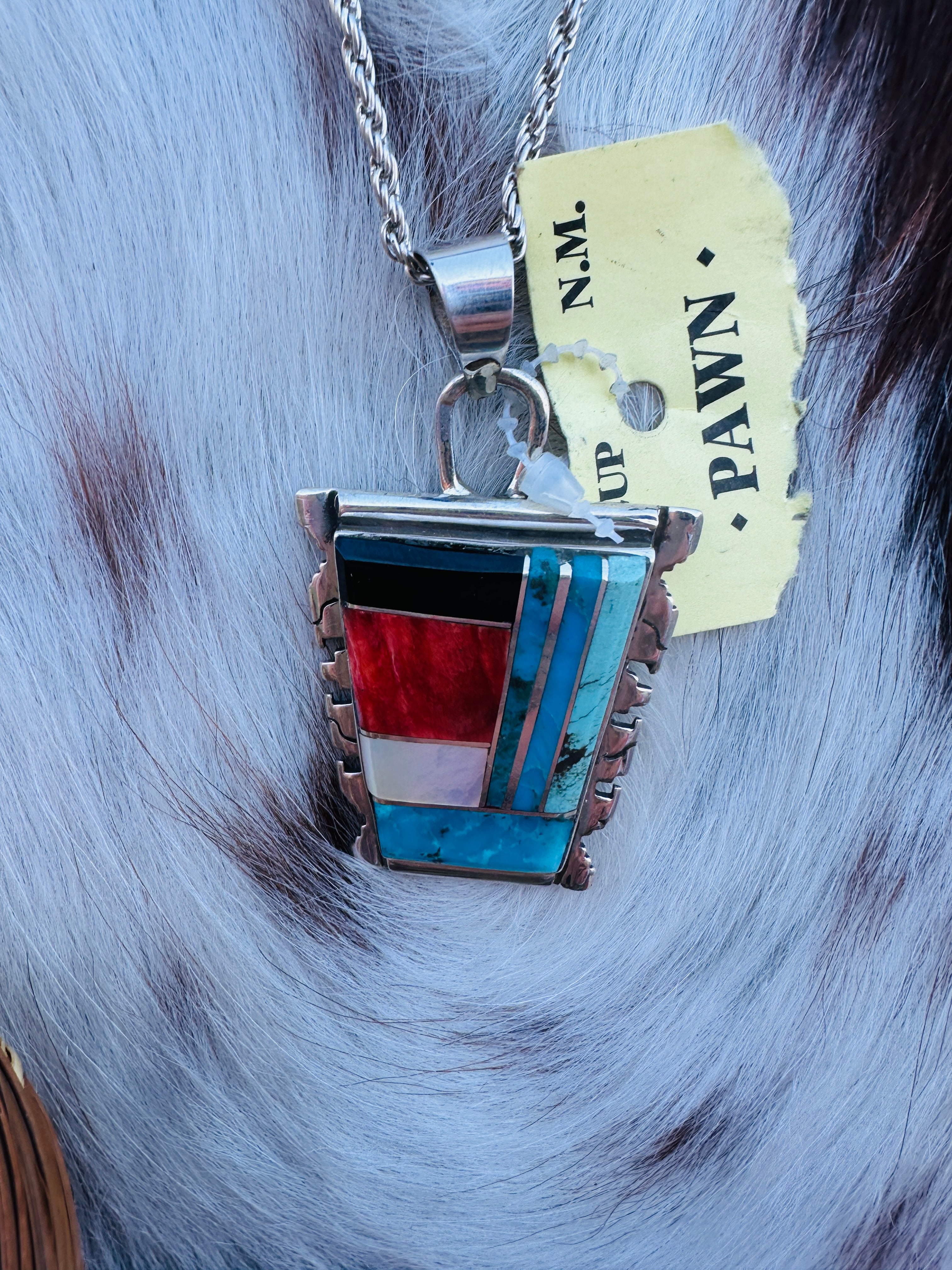 Old Pawn Handcrafted Sterling Silver and Multi Stone Inlay Necklace