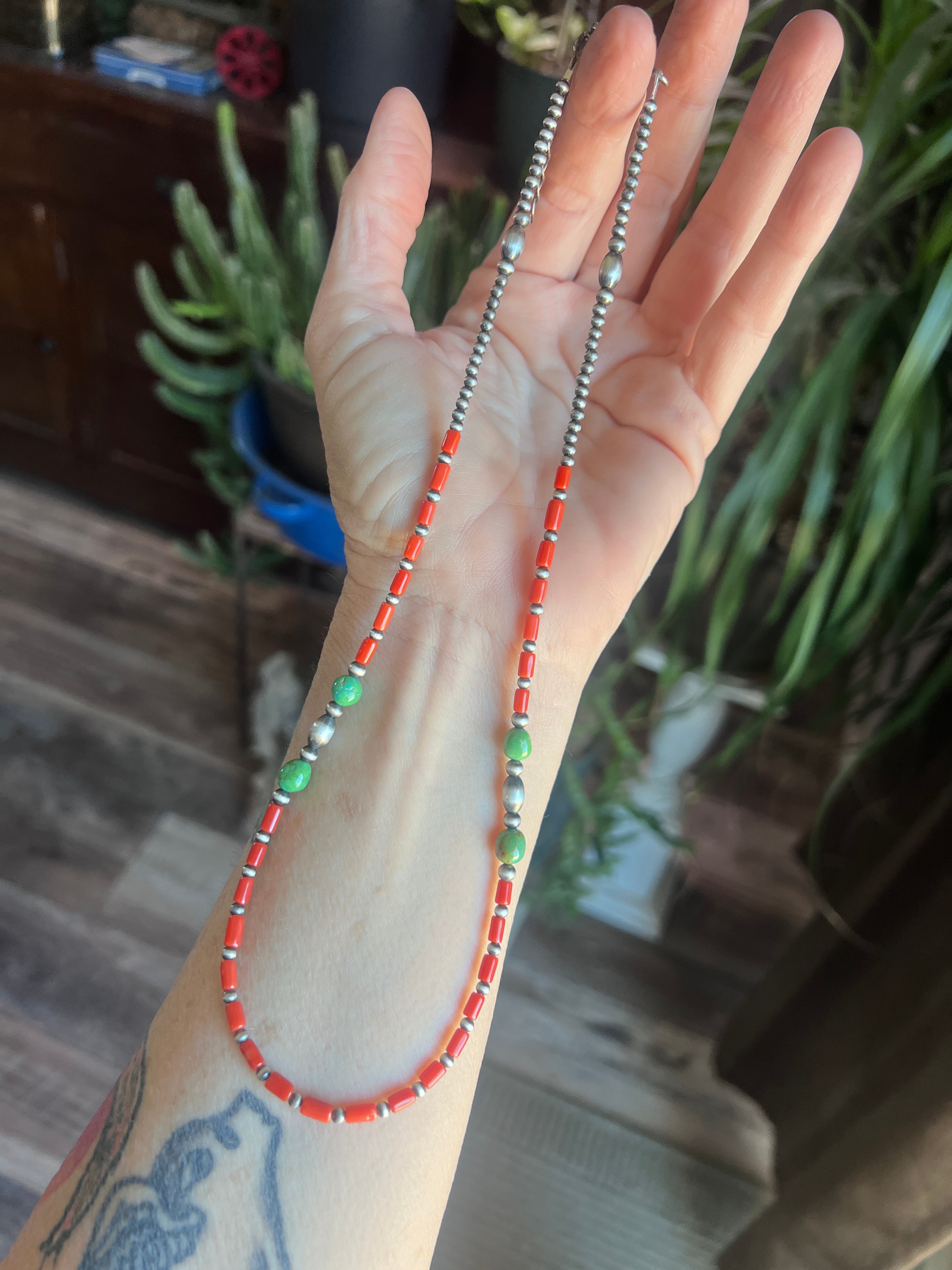 Bohemian Bliss Beaded Layering Necklace with Sterling Silver, Mediterranean Coral and Sonoran Gold Turquoise, 20” + 1-1/2”