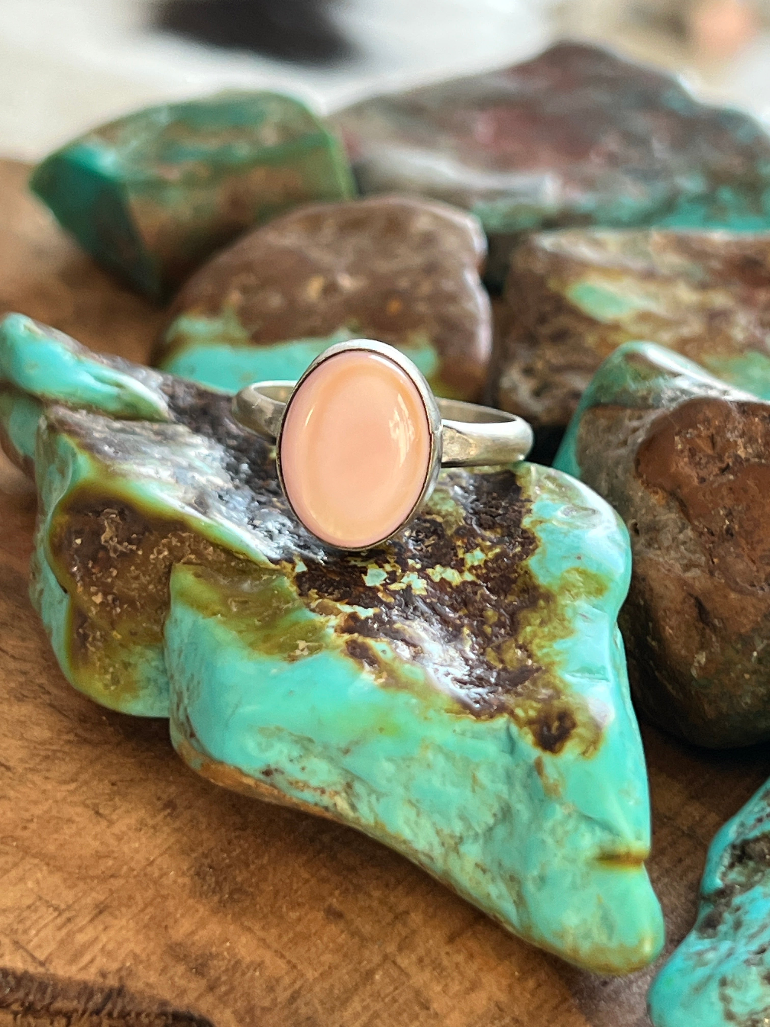 Handcrafted Sterling Silver and Oval Pink Conch Stacker Ring, Single Shank