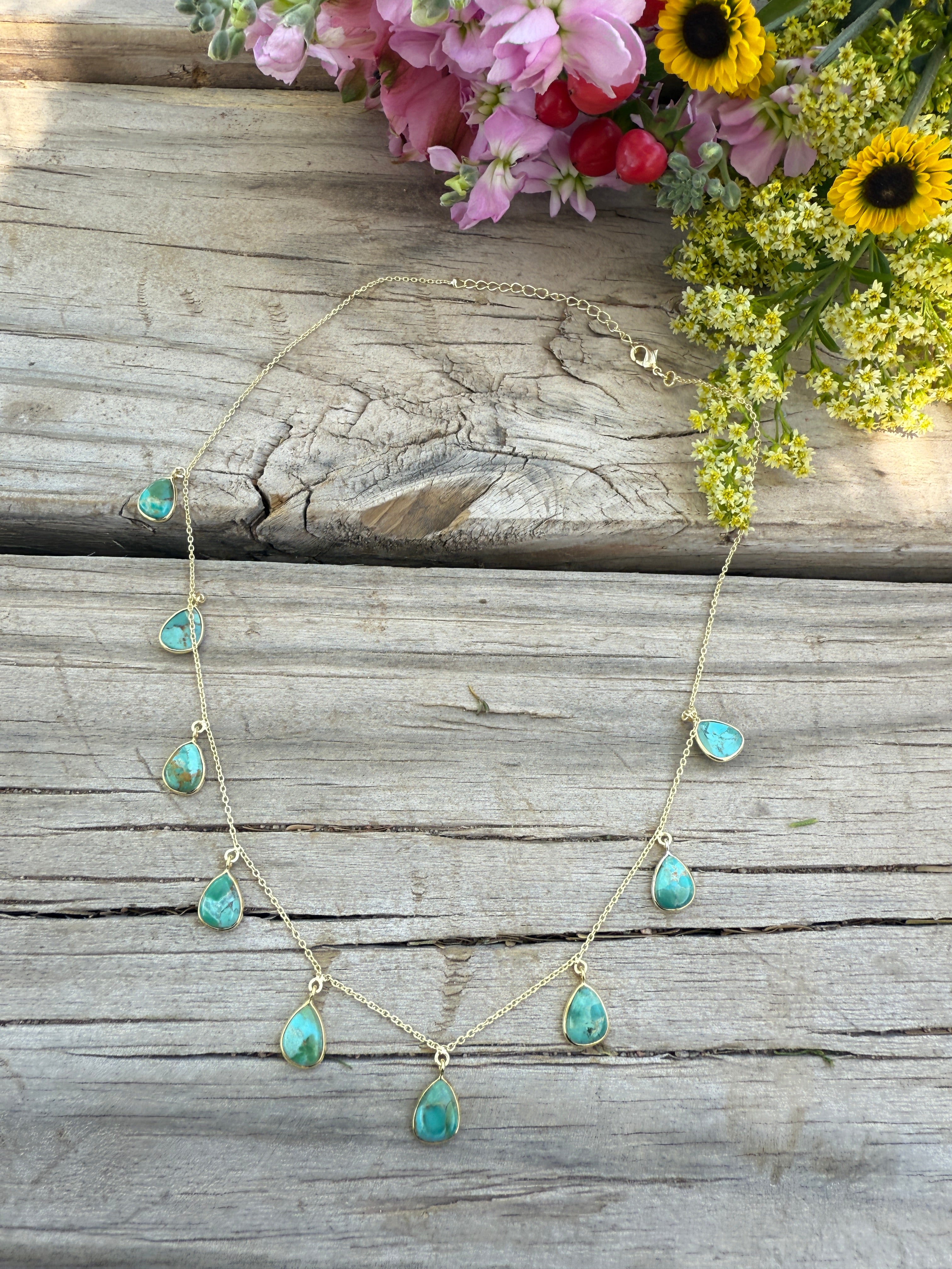 “The Golden Collection” Natural Turquoise 9 Stone Handmade Gold Plated Necklace