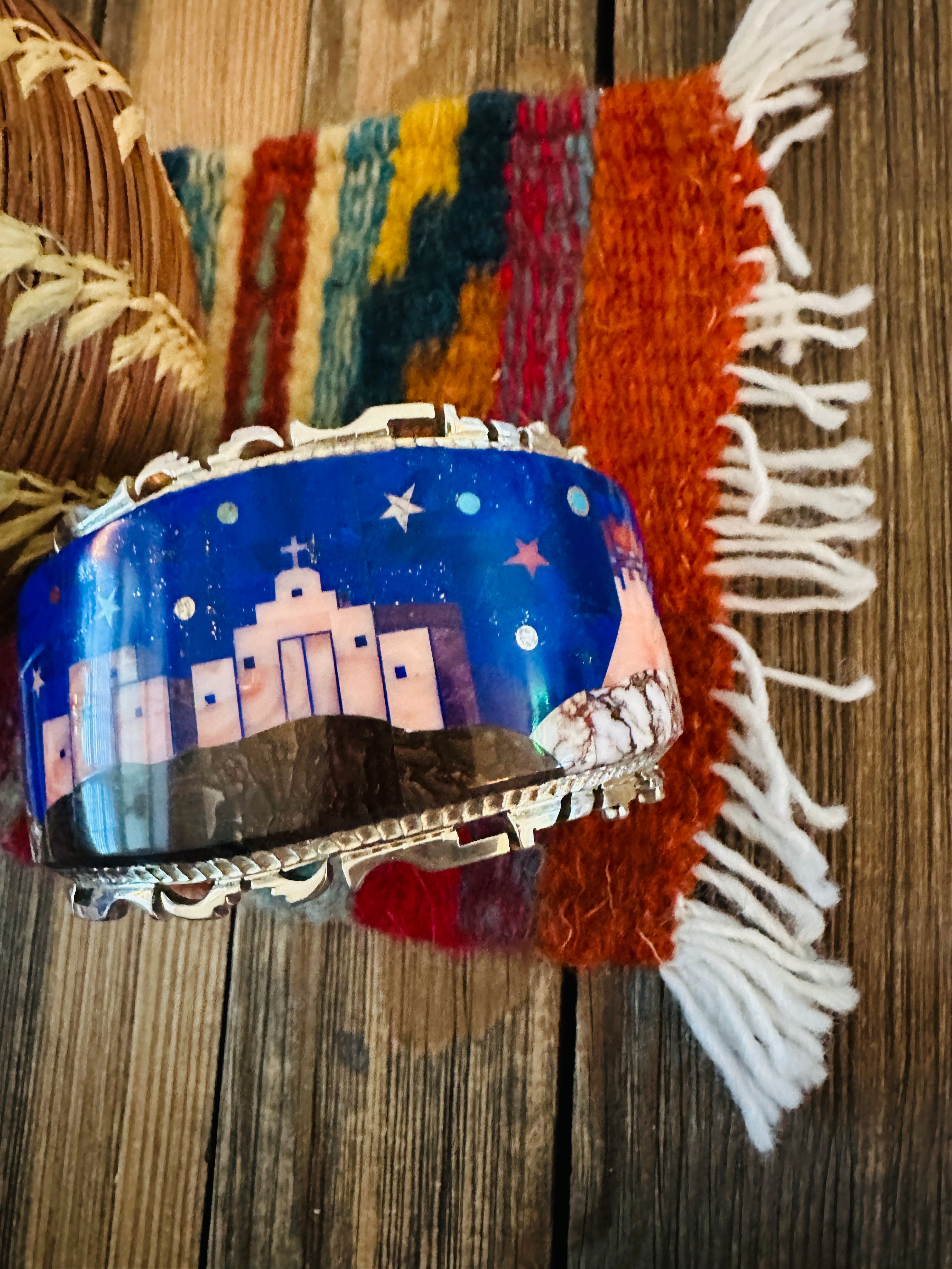 Handcrafted Sterling Silver & Multi Stone Inlay Pueblo Village Cuff Bracelet by Alvin Yellowhorse