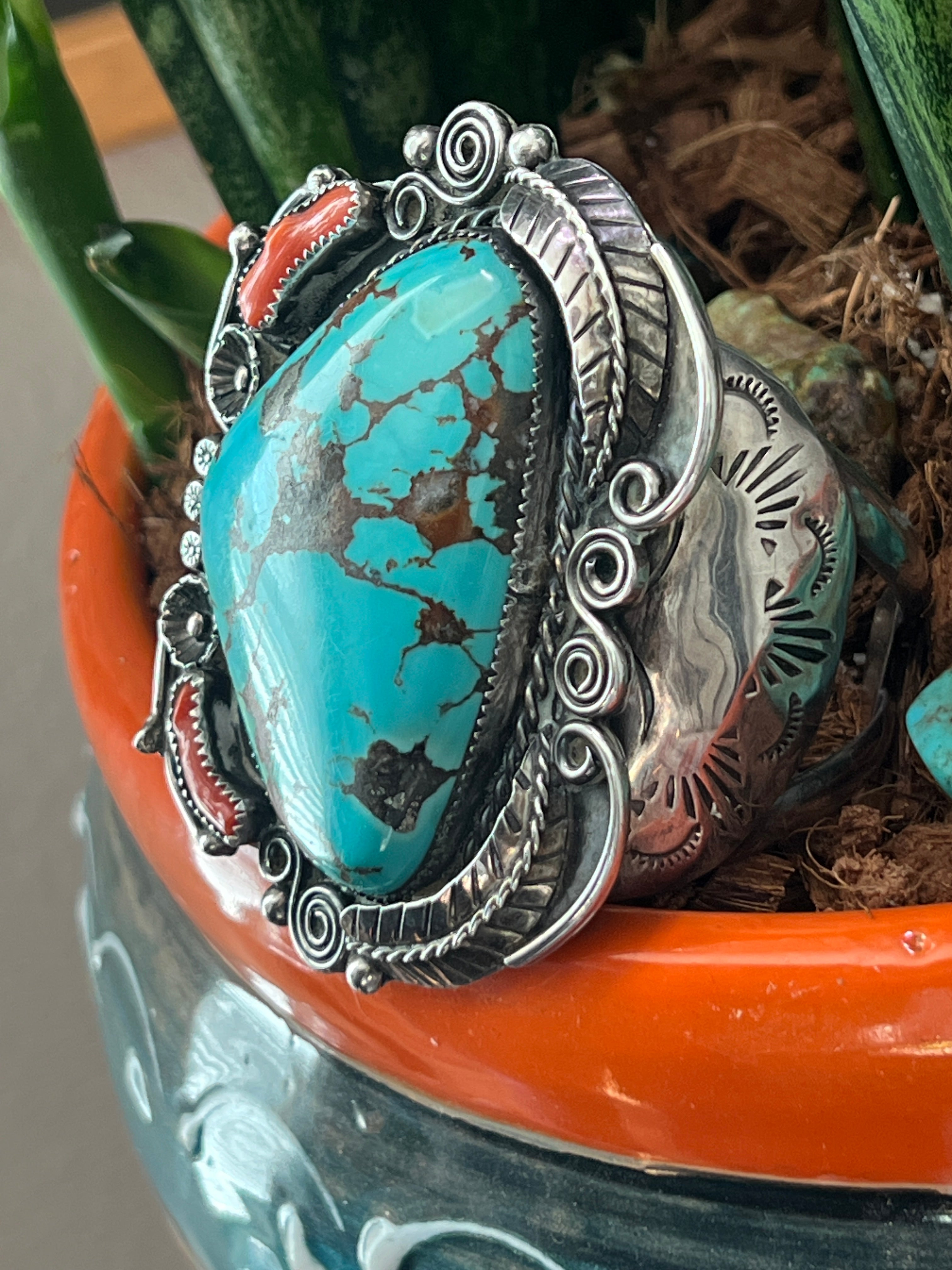 Handcrafted Vintage Sterling Silver, Turquoise and Coral Cuff Bracelet, Unsigned /