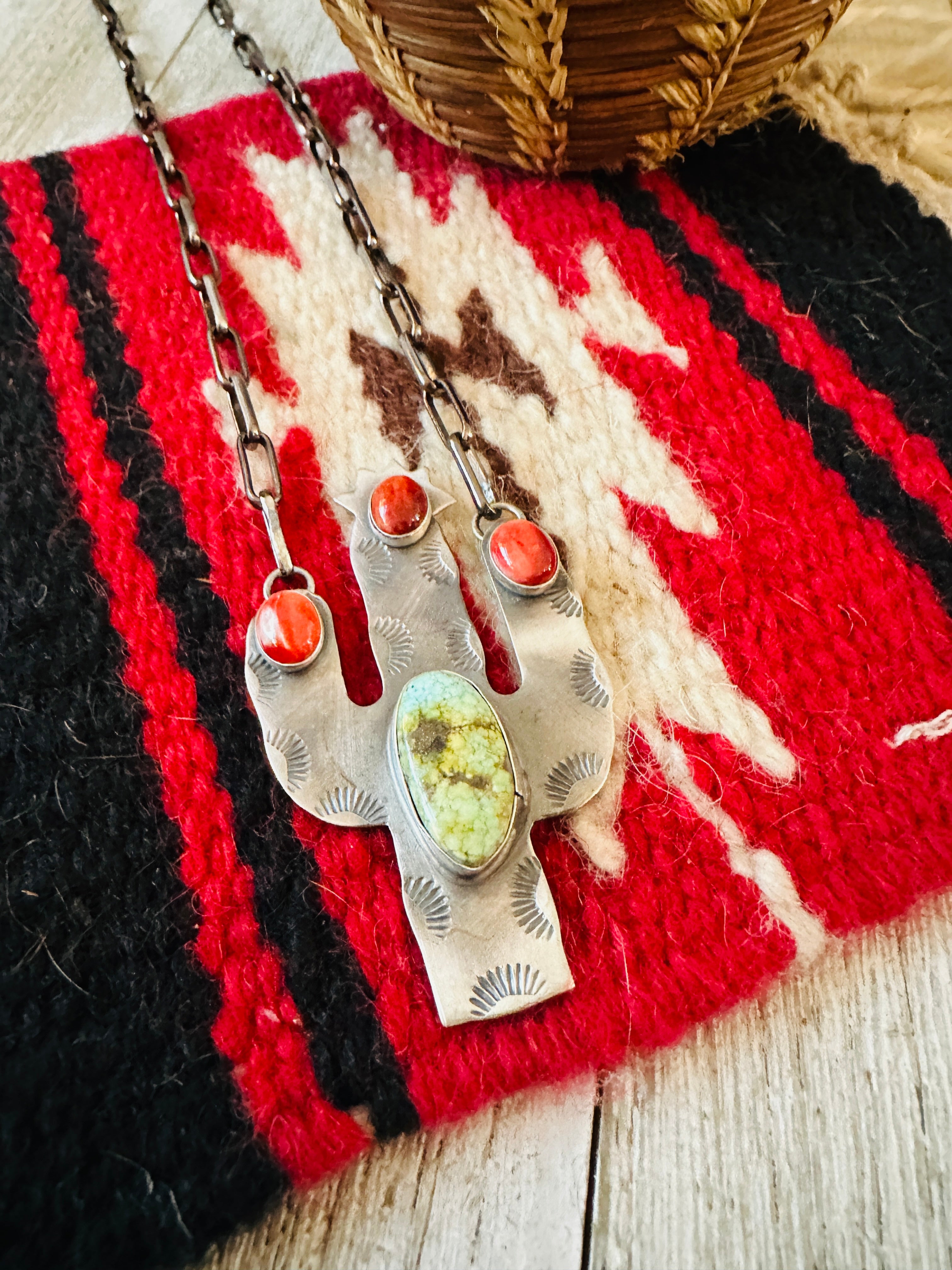 Handcrafted Sterling Silver, Turquoise & Spiny Cactus Necklace