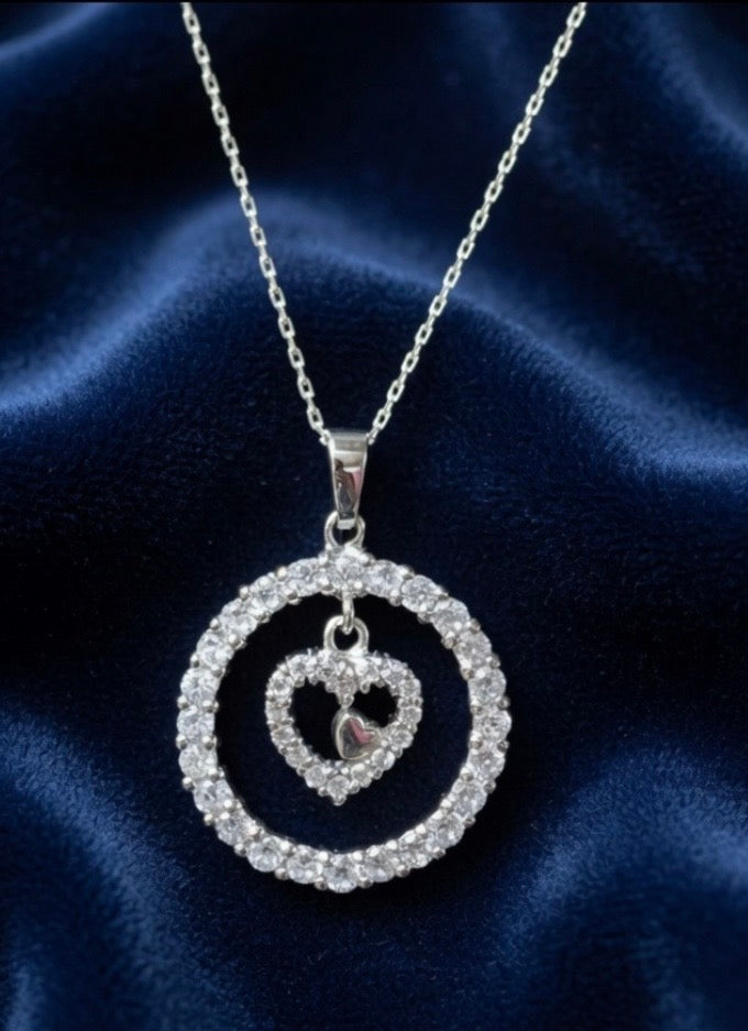 Sterling Silver CZ Circle Heart Pendant Necklace