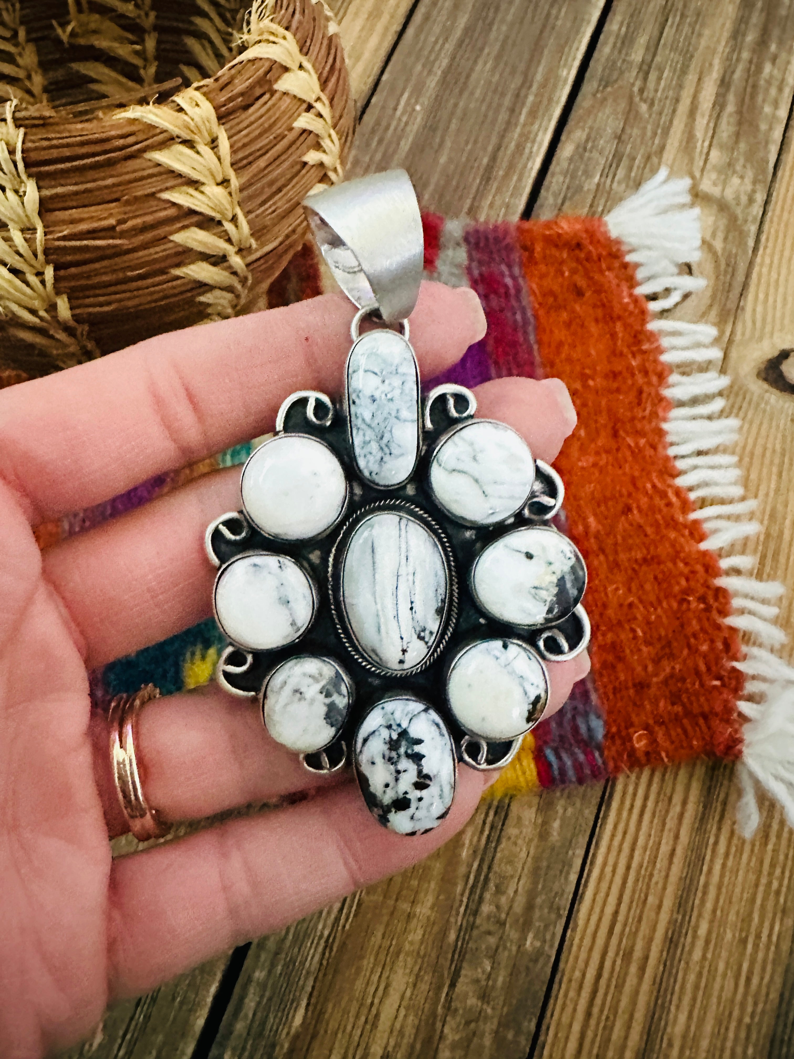 Handcrafted Sterling Silver & White Buffalo Cluster Pendant by Kathleen Chavez