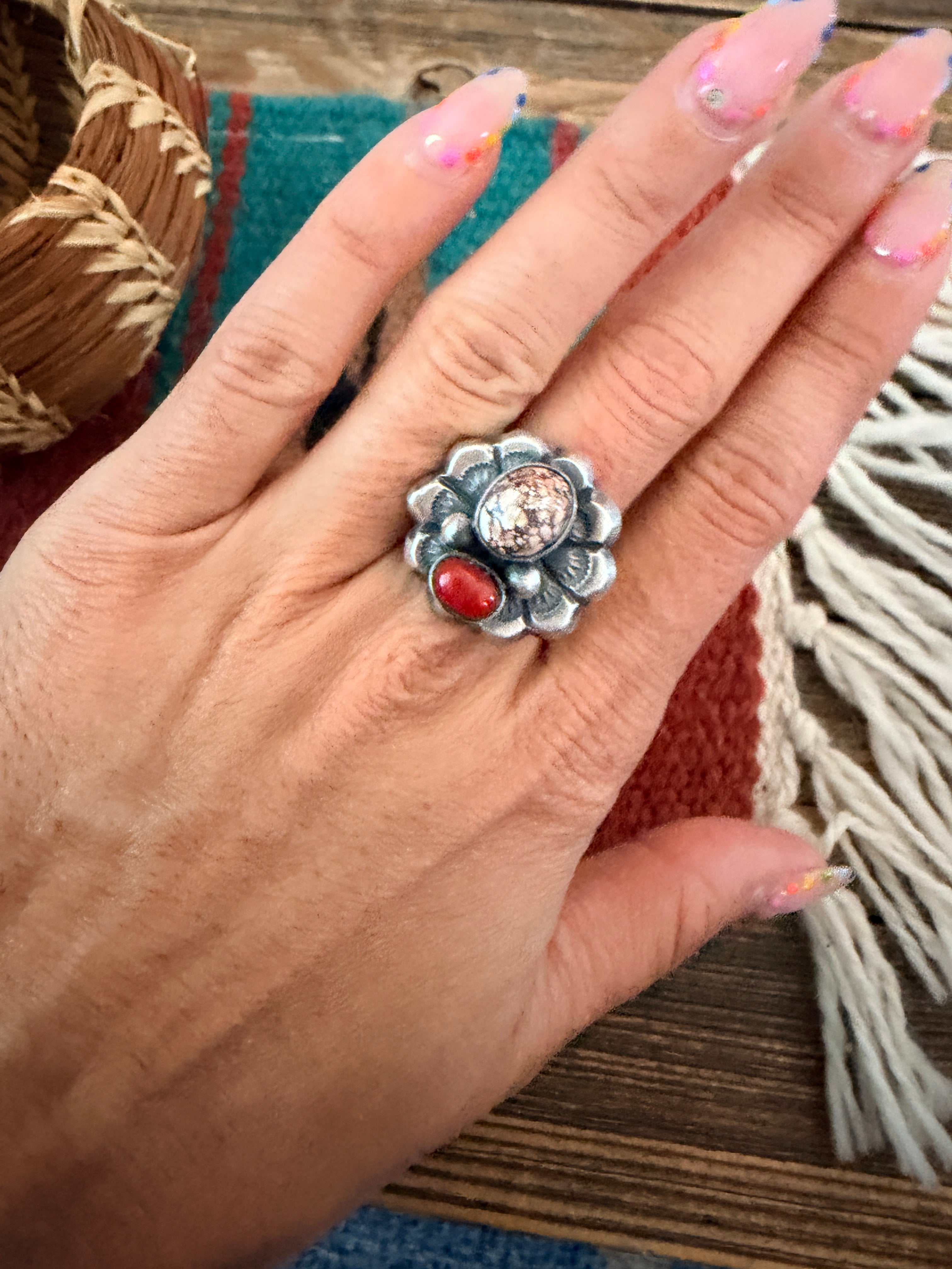 Handcrafted Coral, Wild Horse and Sterling Silver Flower Ring size 8 by Chimney Butte