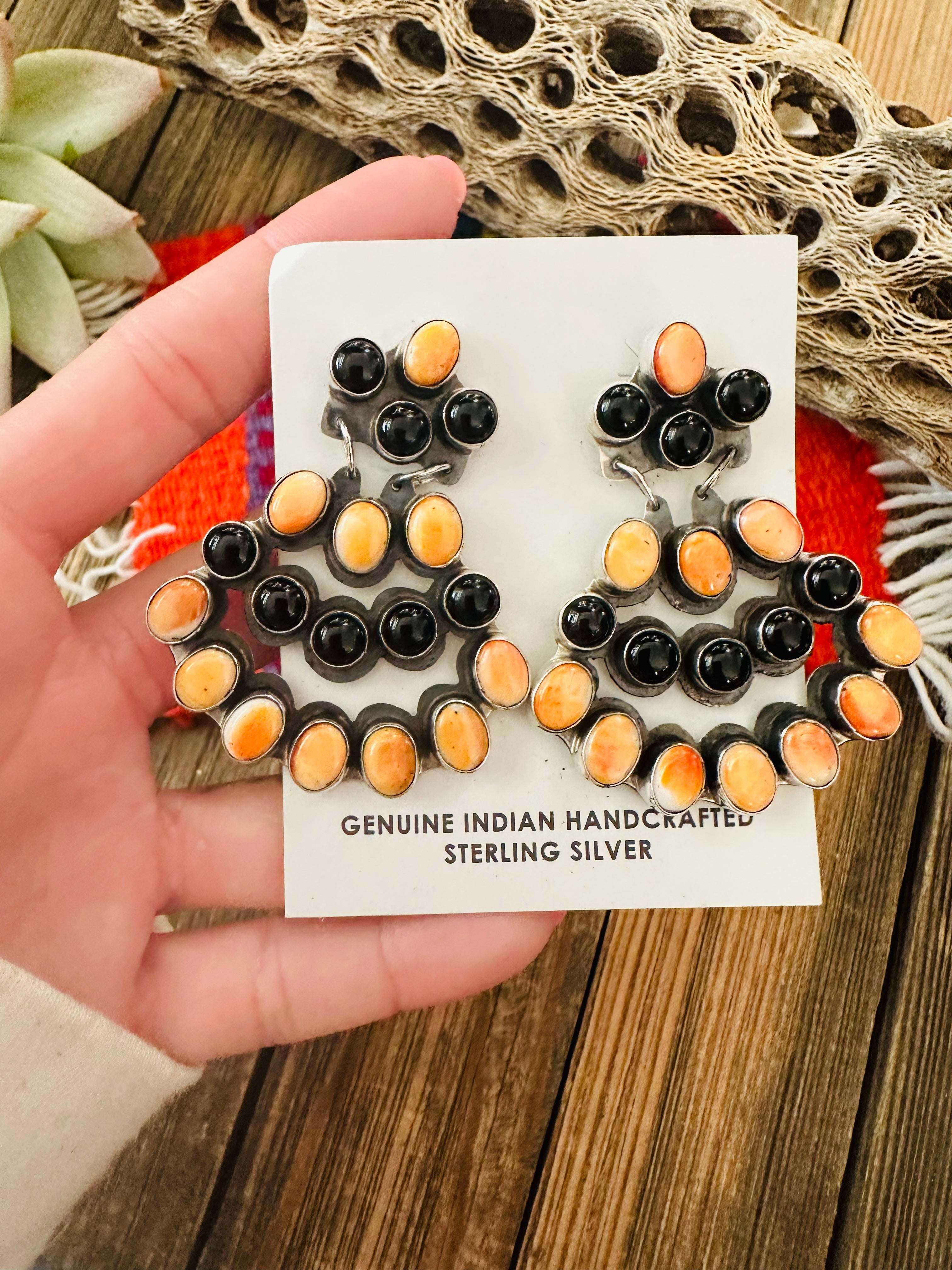 Handcrafted Onyx, Orange Spiny & Sterling Silver Cluster Dangle Earrings