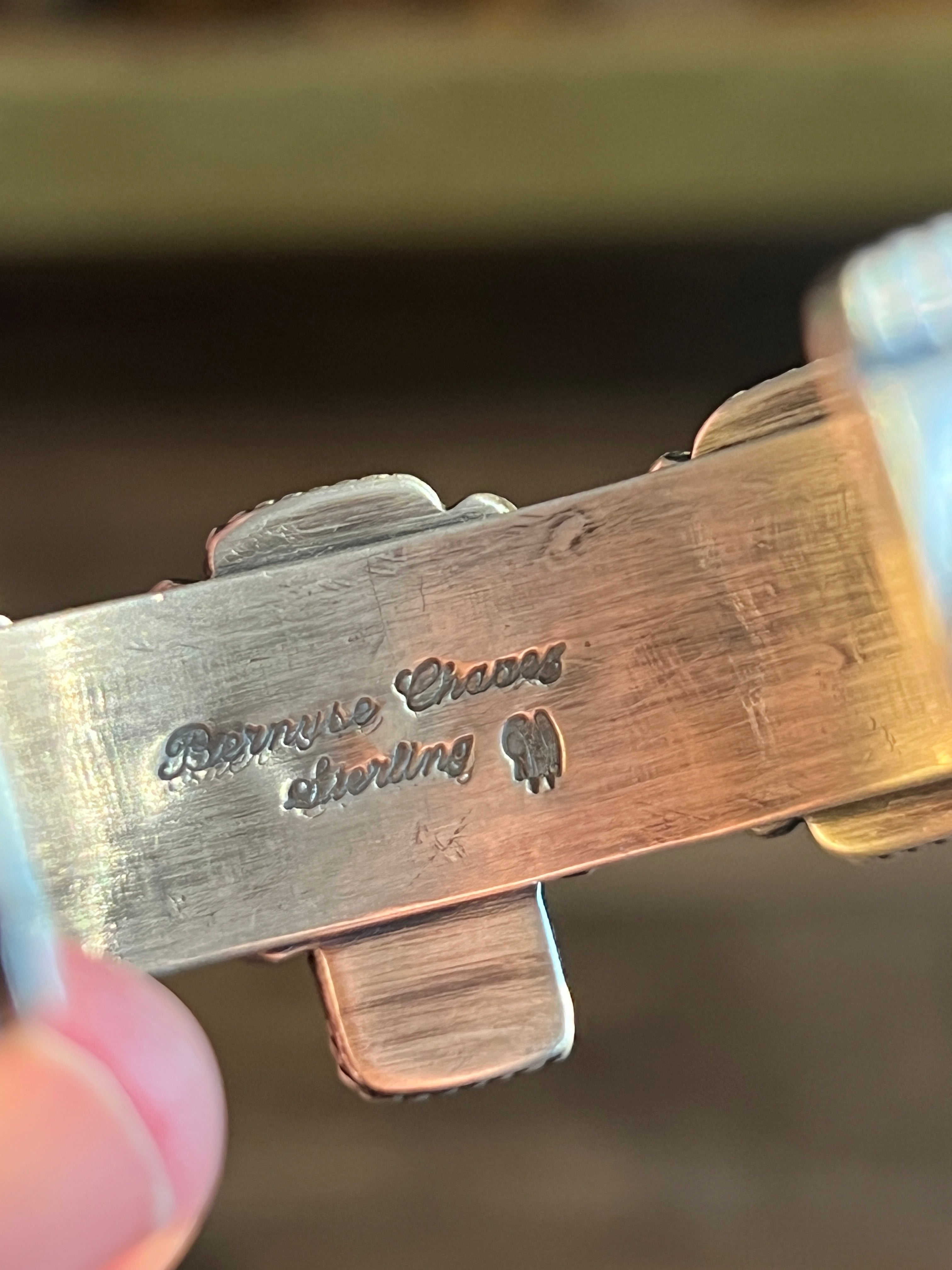 Handcrafted Hand Stamped Sterling Silver, Kingman Turquoise and Spiny Oyster Cross Cuff Bracelet by Bernyse Chavez