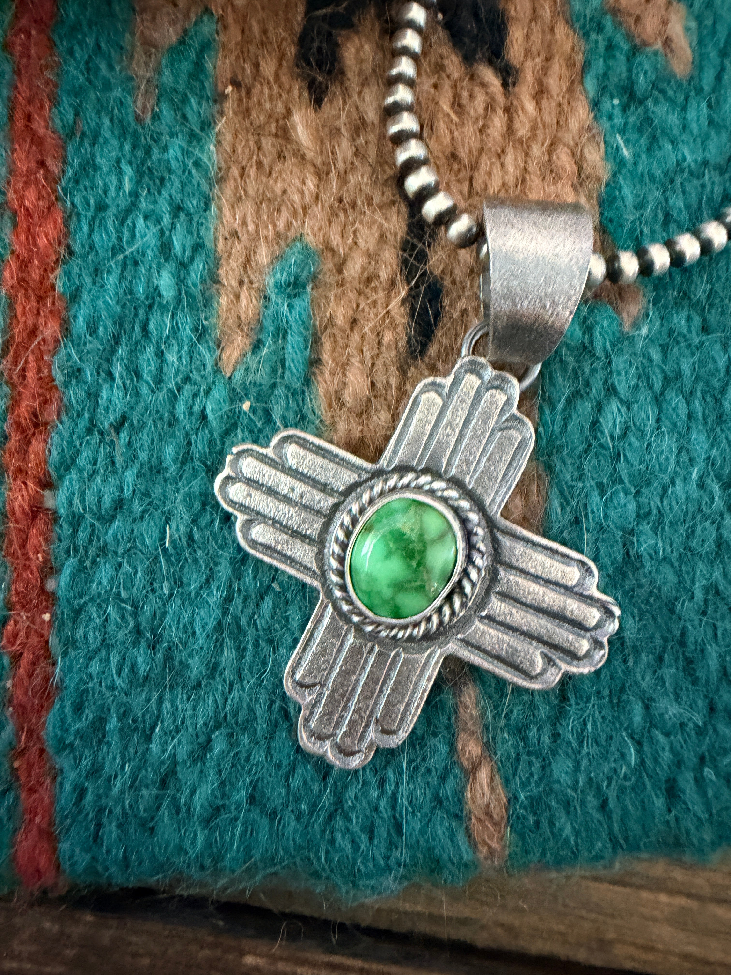 Handcrafted Sterling Silver & Sonoran Mountain Turquoise Zia Cross Pendant by Kevin Billah