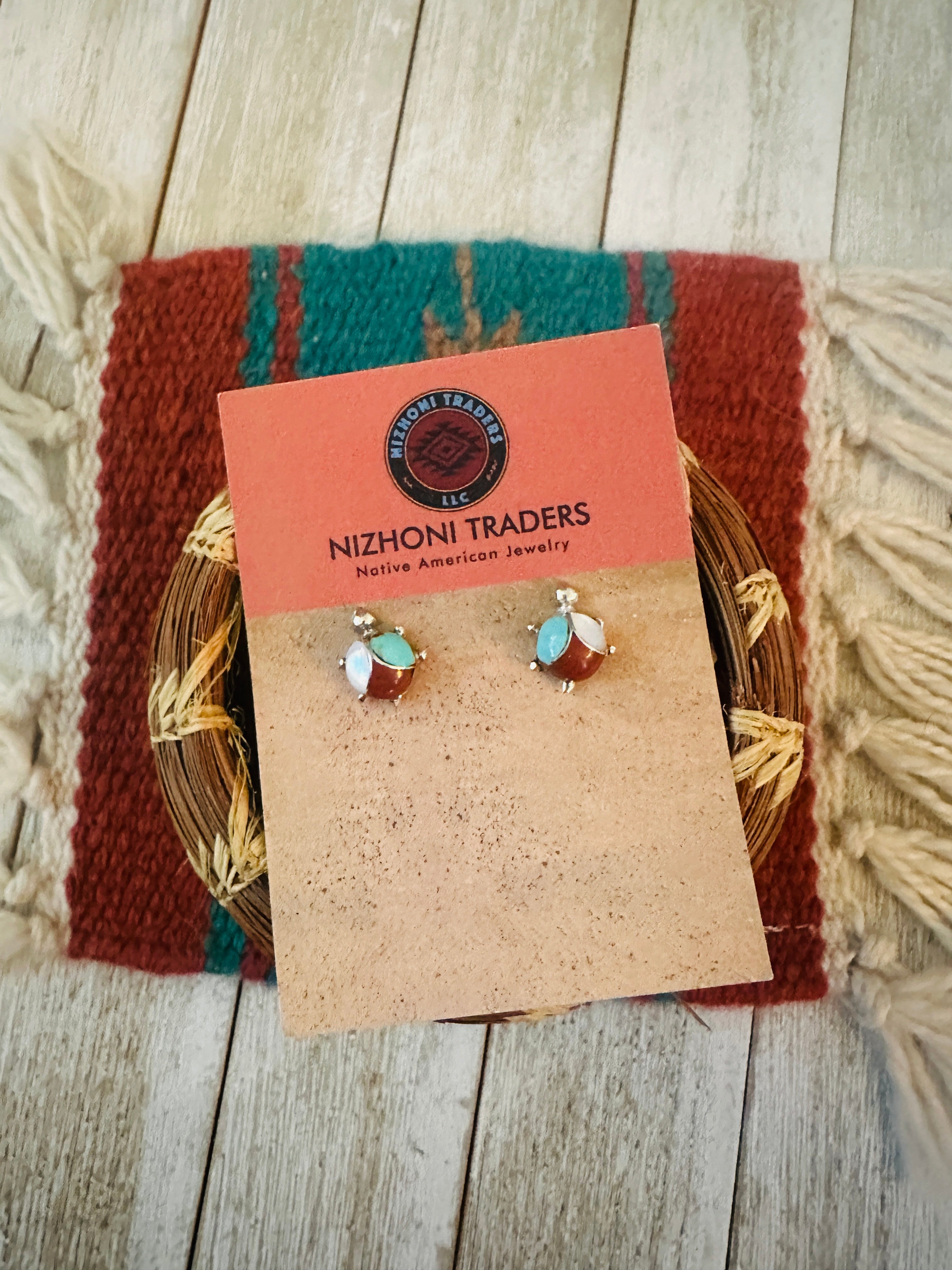 Handcrafted Old Pawn Sterling Silver & Multi Stone Turtle Stud Earrings