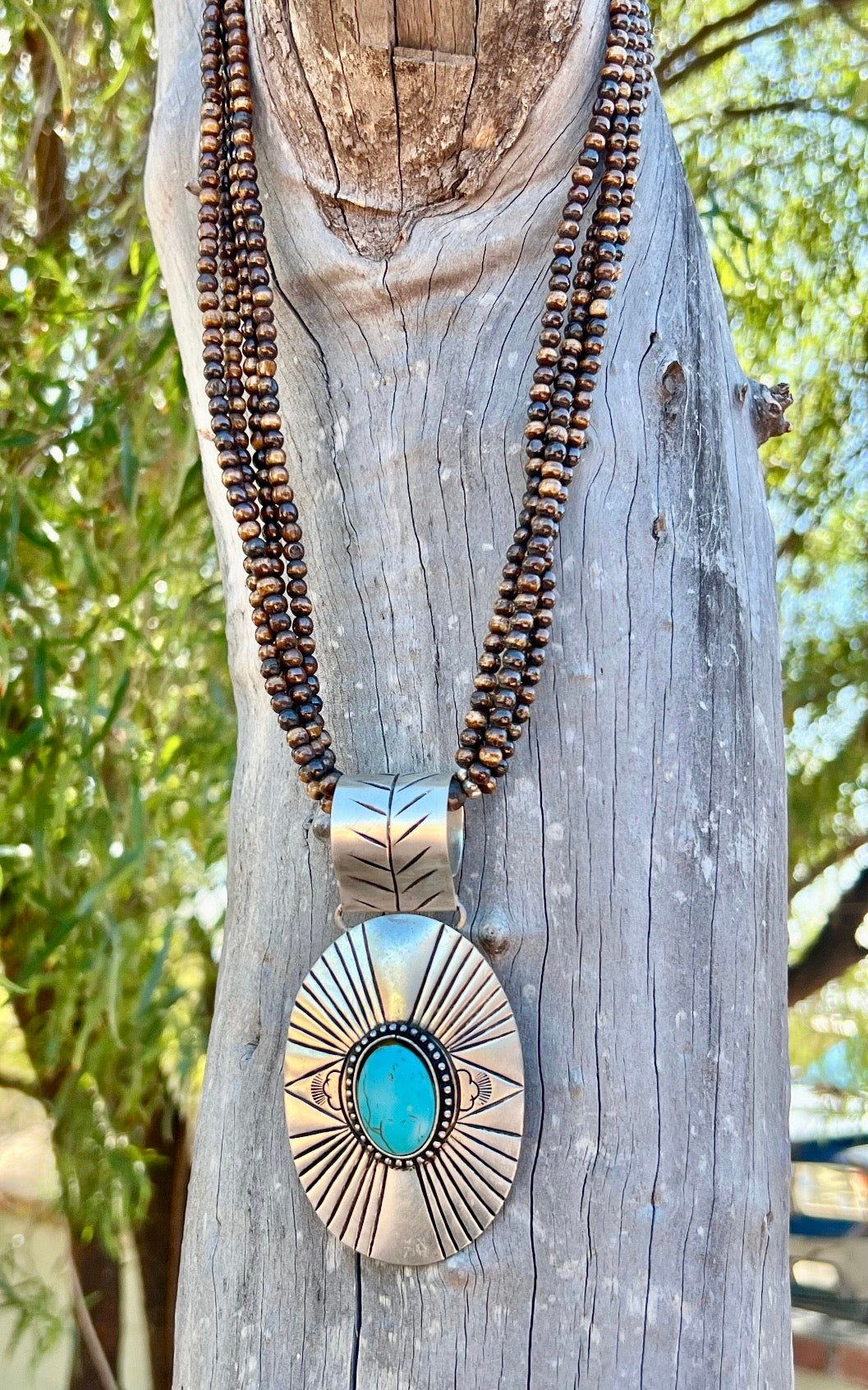 Silver-Plated Brass Pendant on Brown Beaded Necklace