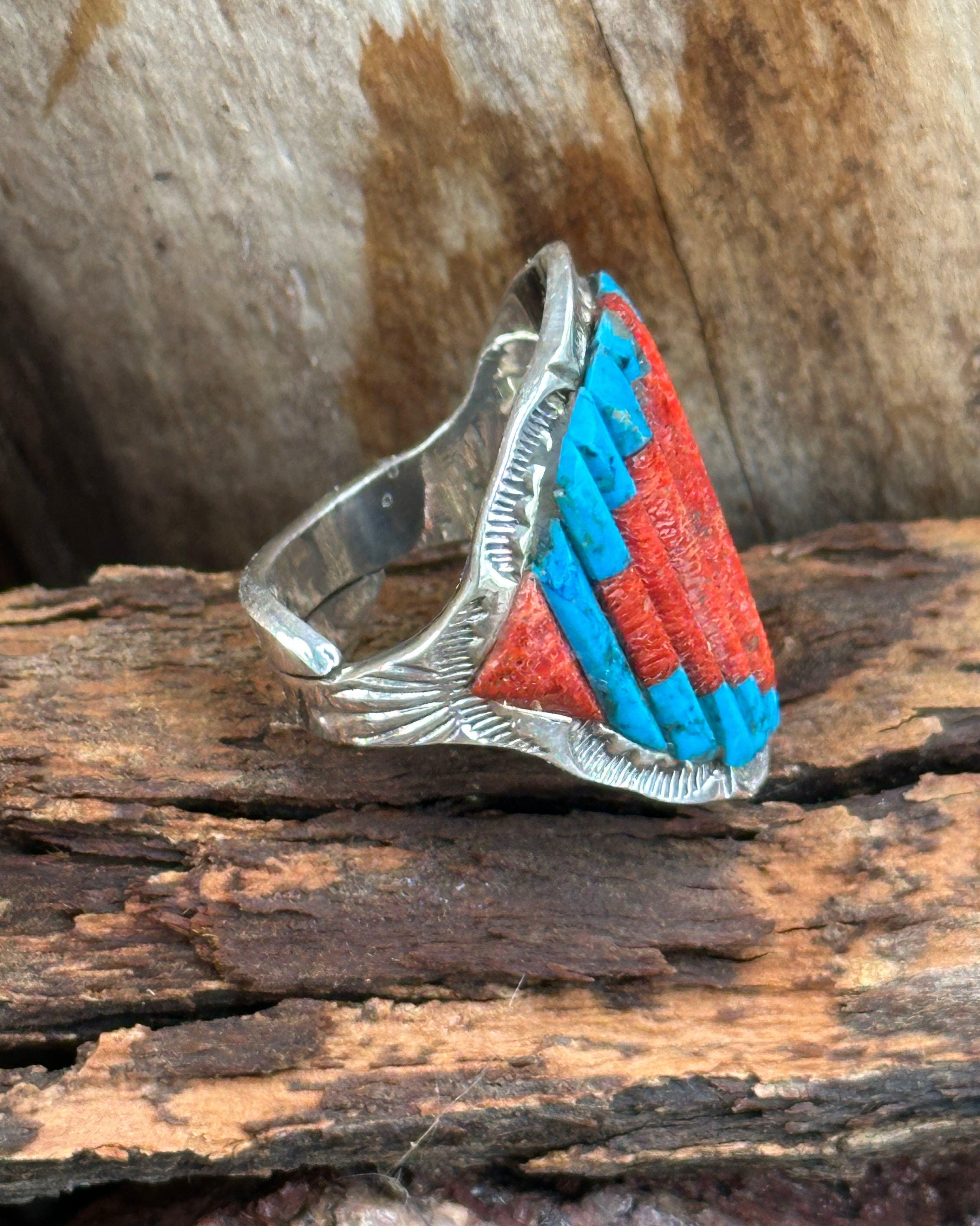 Handmade Turquoise, Coral & Sterling Silver Adjustable Ring Signed Nizhoni