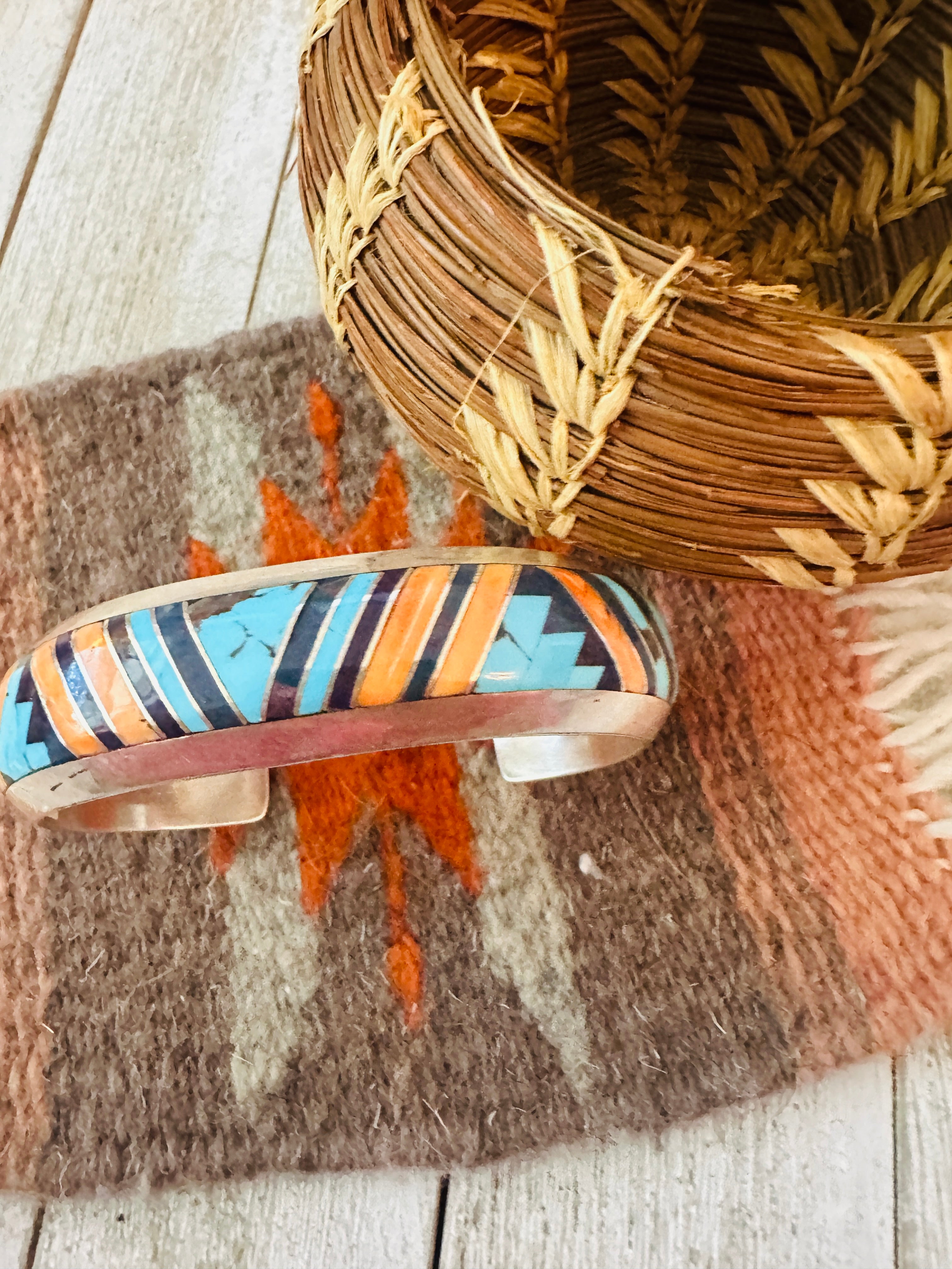 Handcrafted Multi Stone & Sterling Silver Inlay Cuff Bracelet