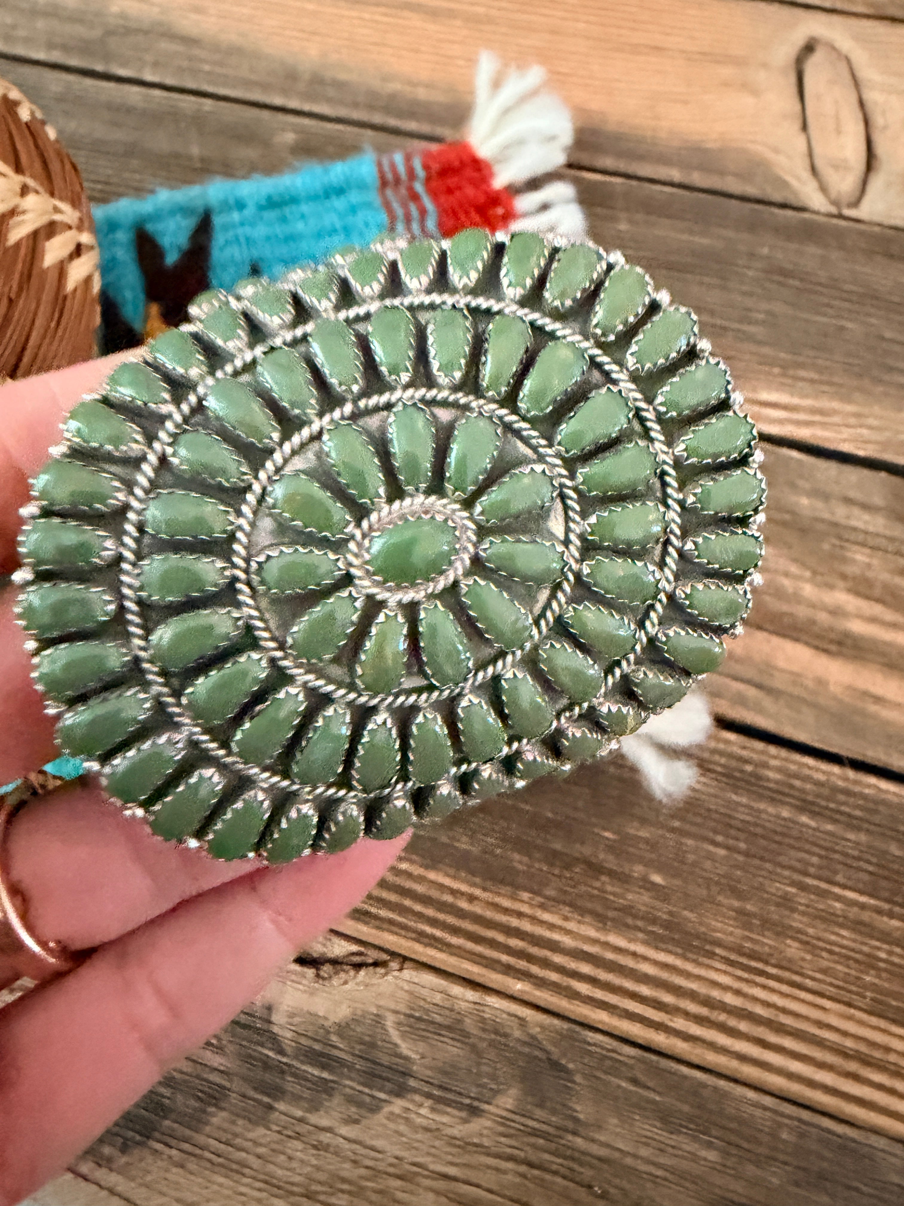Handcrafted Sterling Silver & Green Turquoise Cluster Cuff Bracelet by Larry Moses Begay
