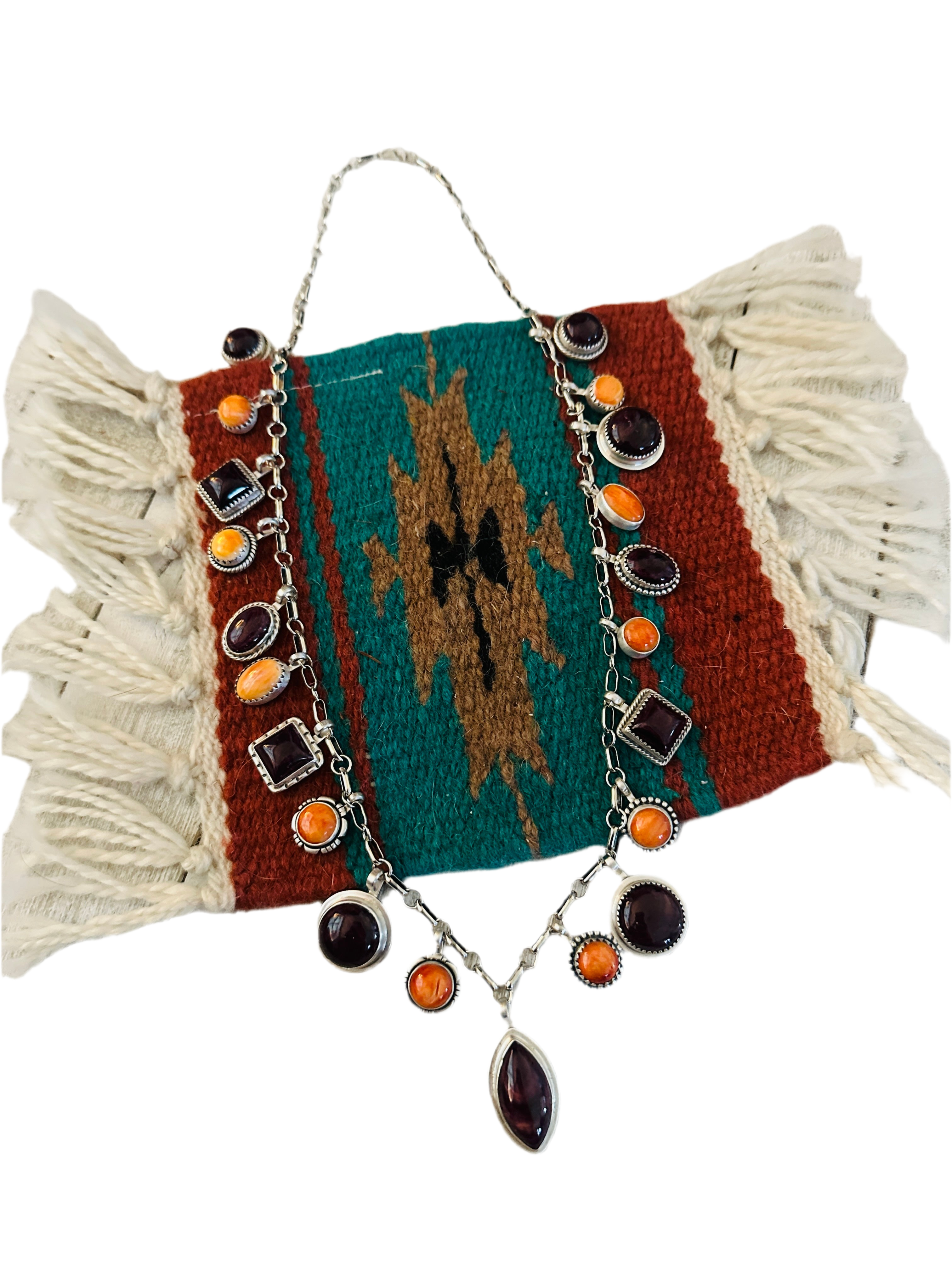 Navajo Sterling Silver, Purple & Orange Spiny Necklace