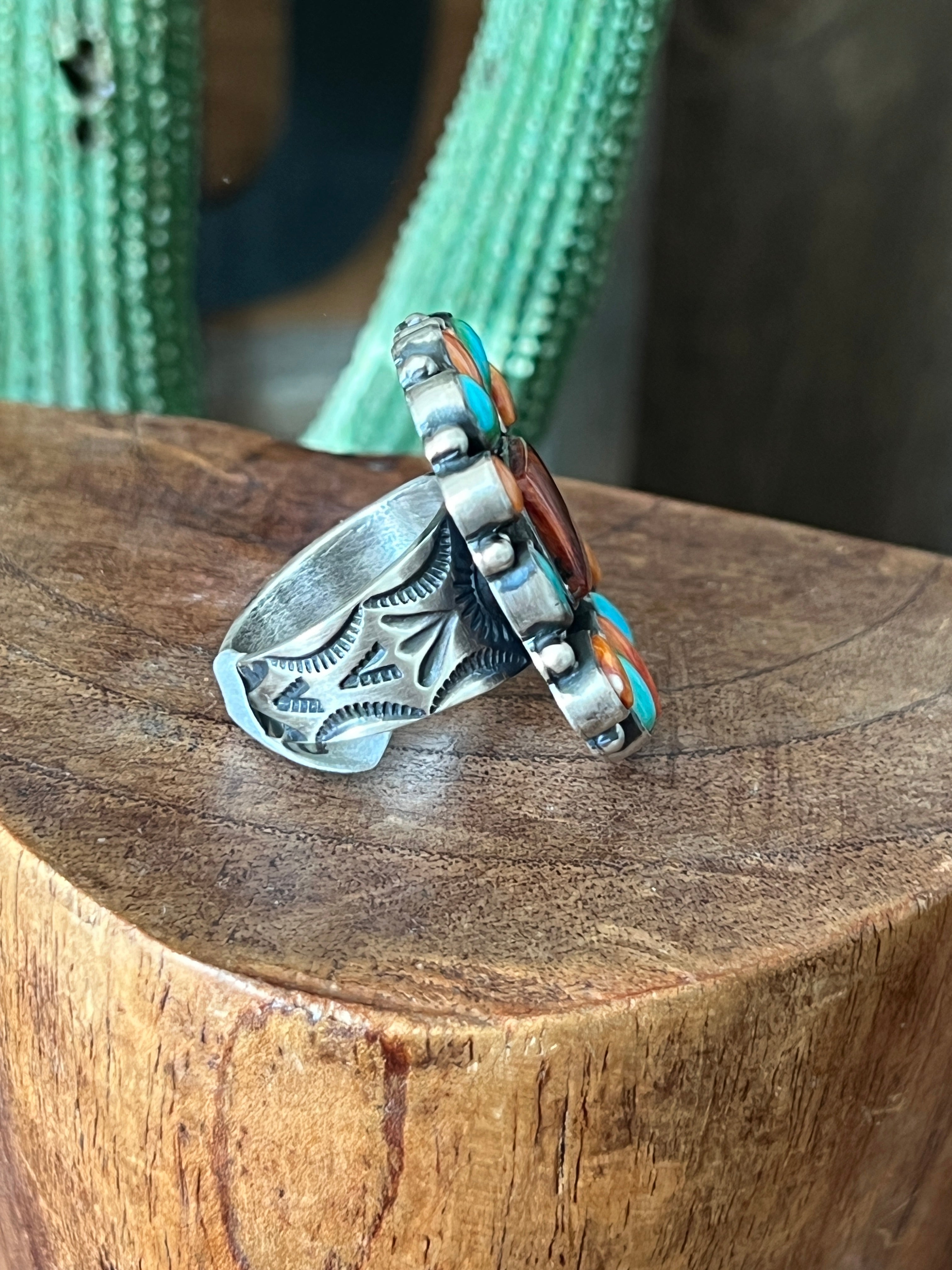 Navajo Electric Rainbow Turquoise and Spiny Oyster Ring by Angela Martin and Bernyse Chavez, Size 7.5-8