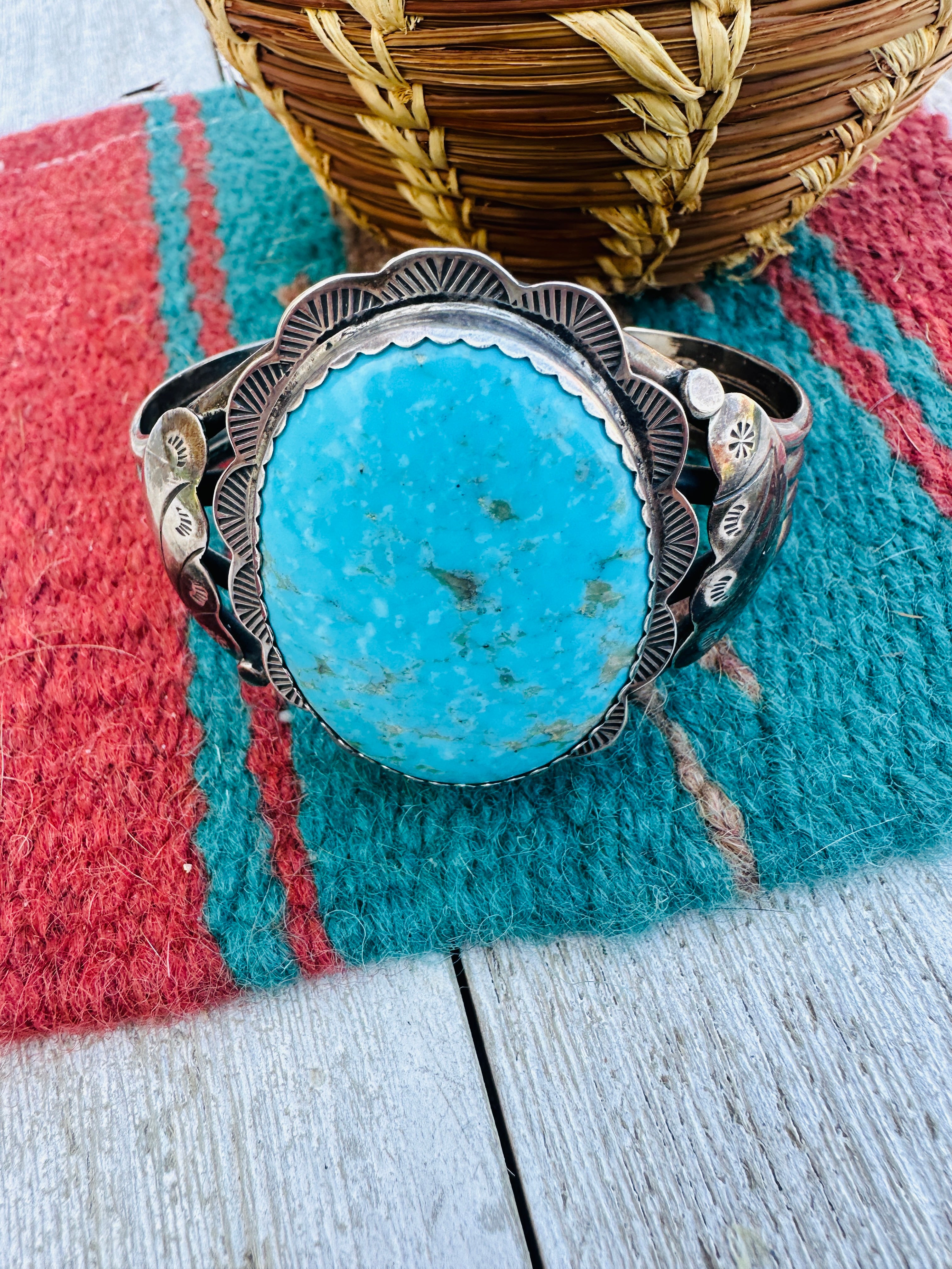 Old Pawn Navajo Sterling Silver & Turquoise Cuff Bracelet
