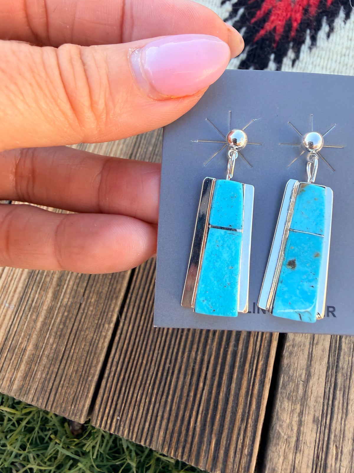 Handcrafted Turquoise & Sterling Silver Inlay Dangle Earrings by Brenda Pete