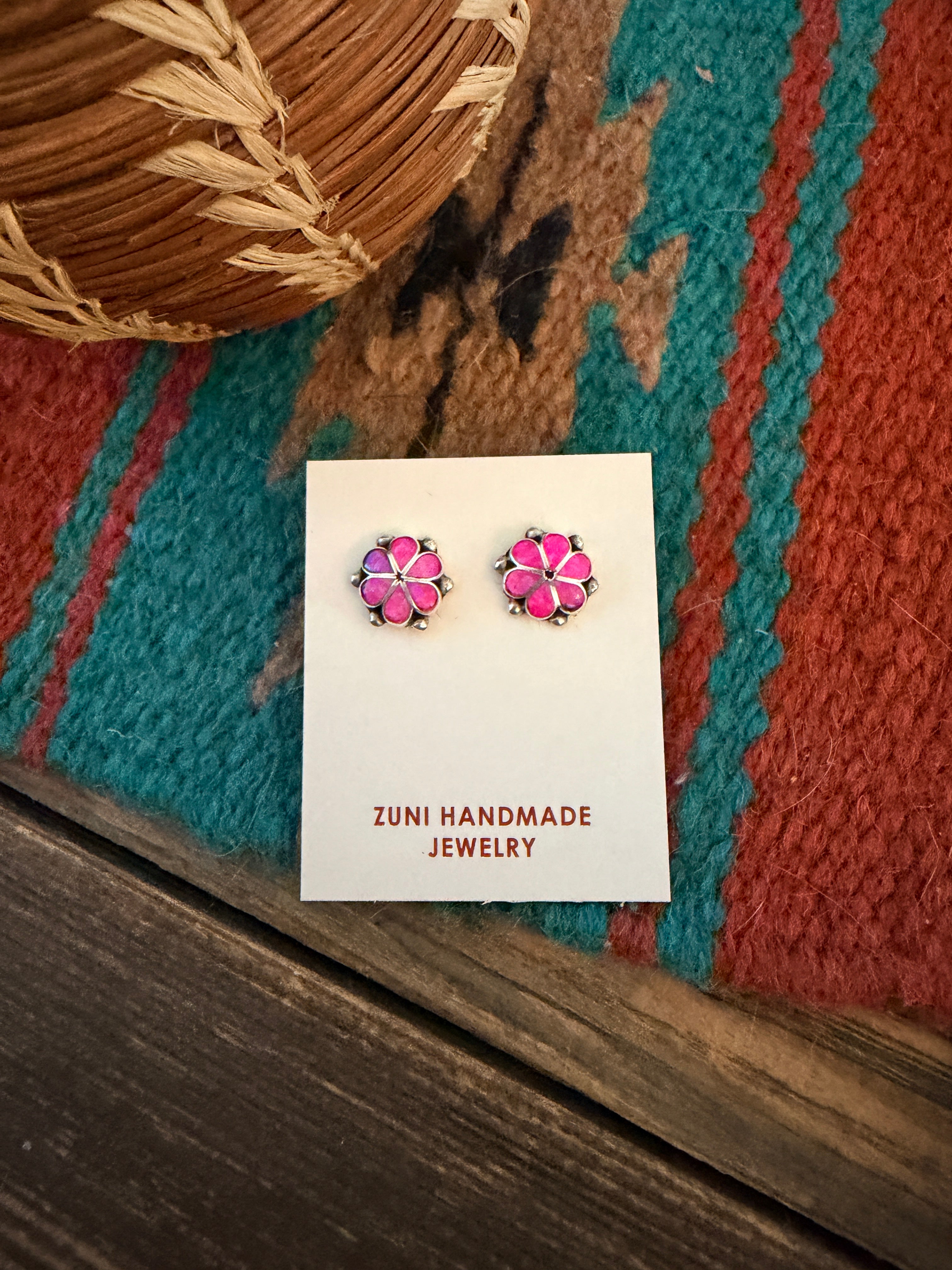 Handcrafted Sterling Silver & Pink Opal Flower Stud Earrings