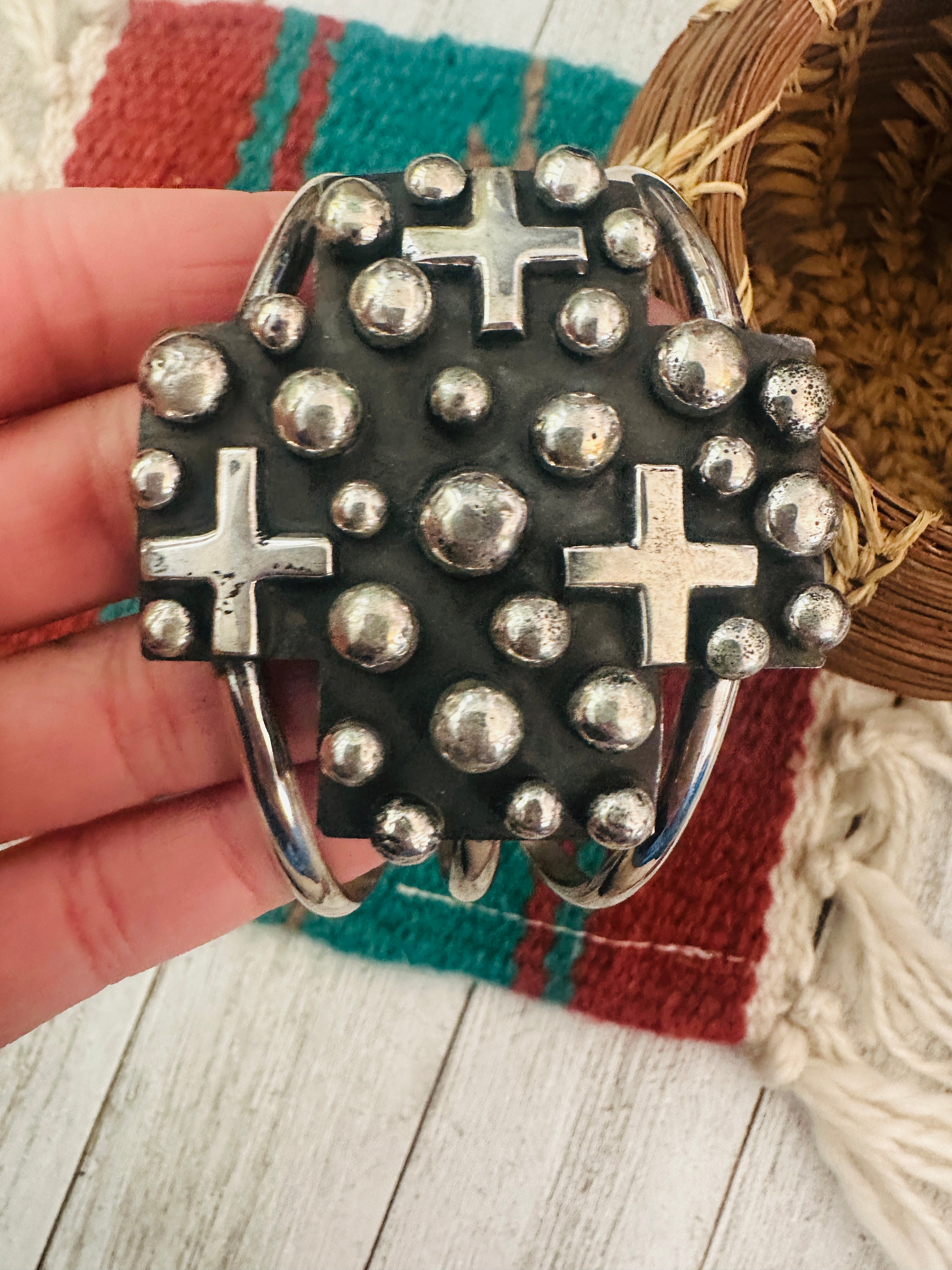 Handcrafted Hand Stamped Sterling Silver Cross Cuff Bracelet By Chimney Butte