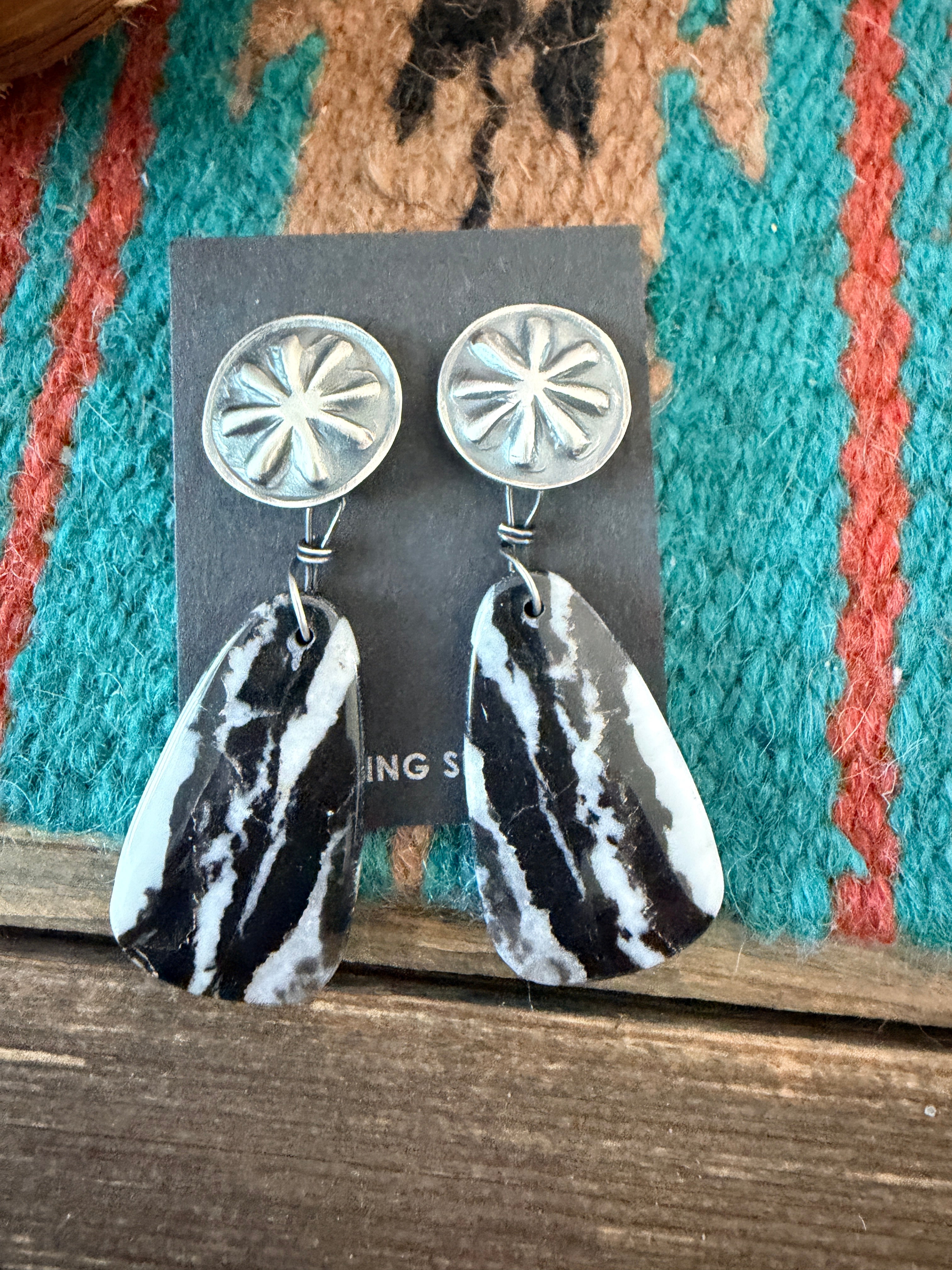Handcrafted White Buffalo & Sterling Silver Concho Dangle Earrings