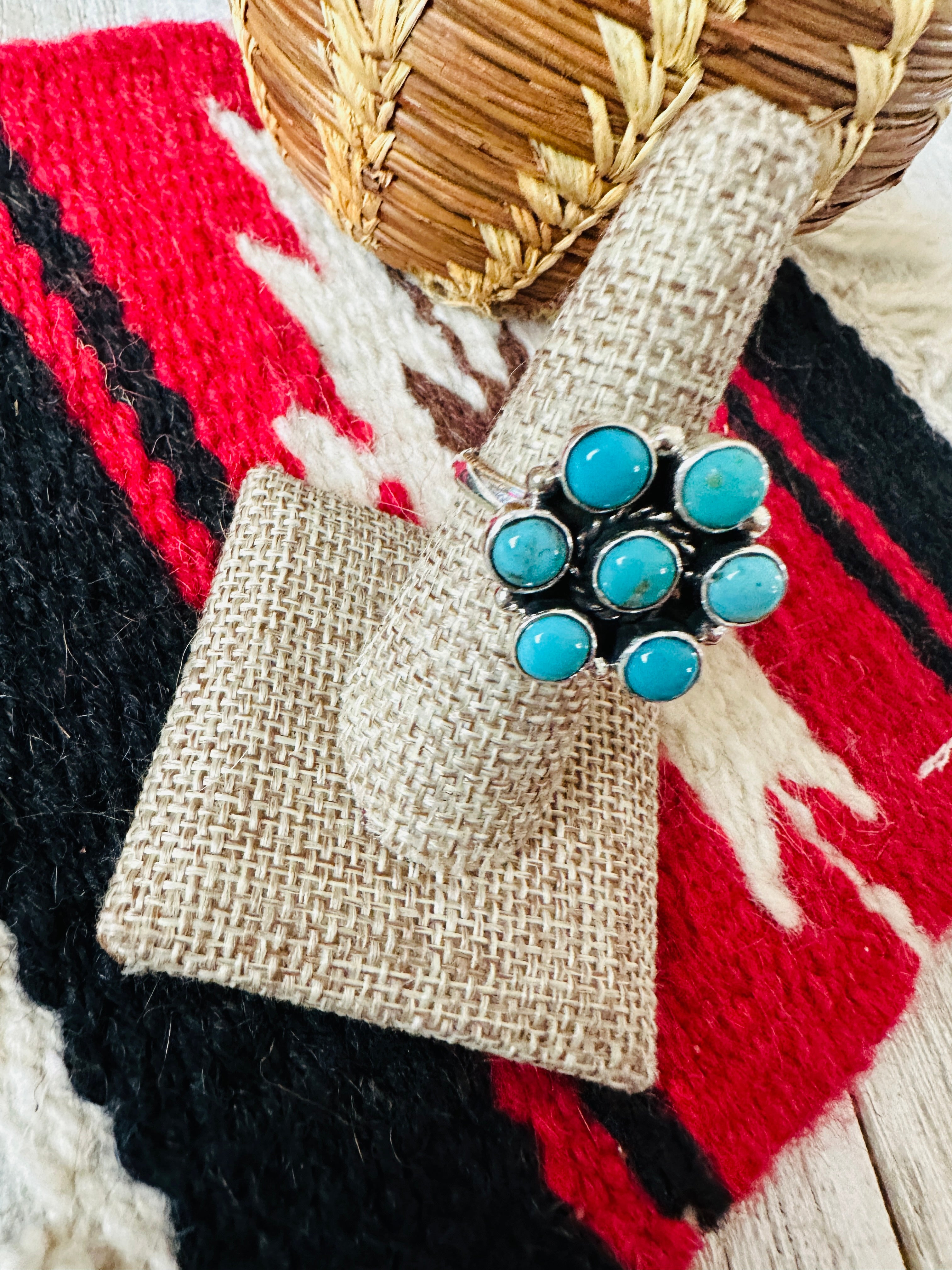 Handcrafted Turquoise & Sterling Silver Cluster Adjustable Ring