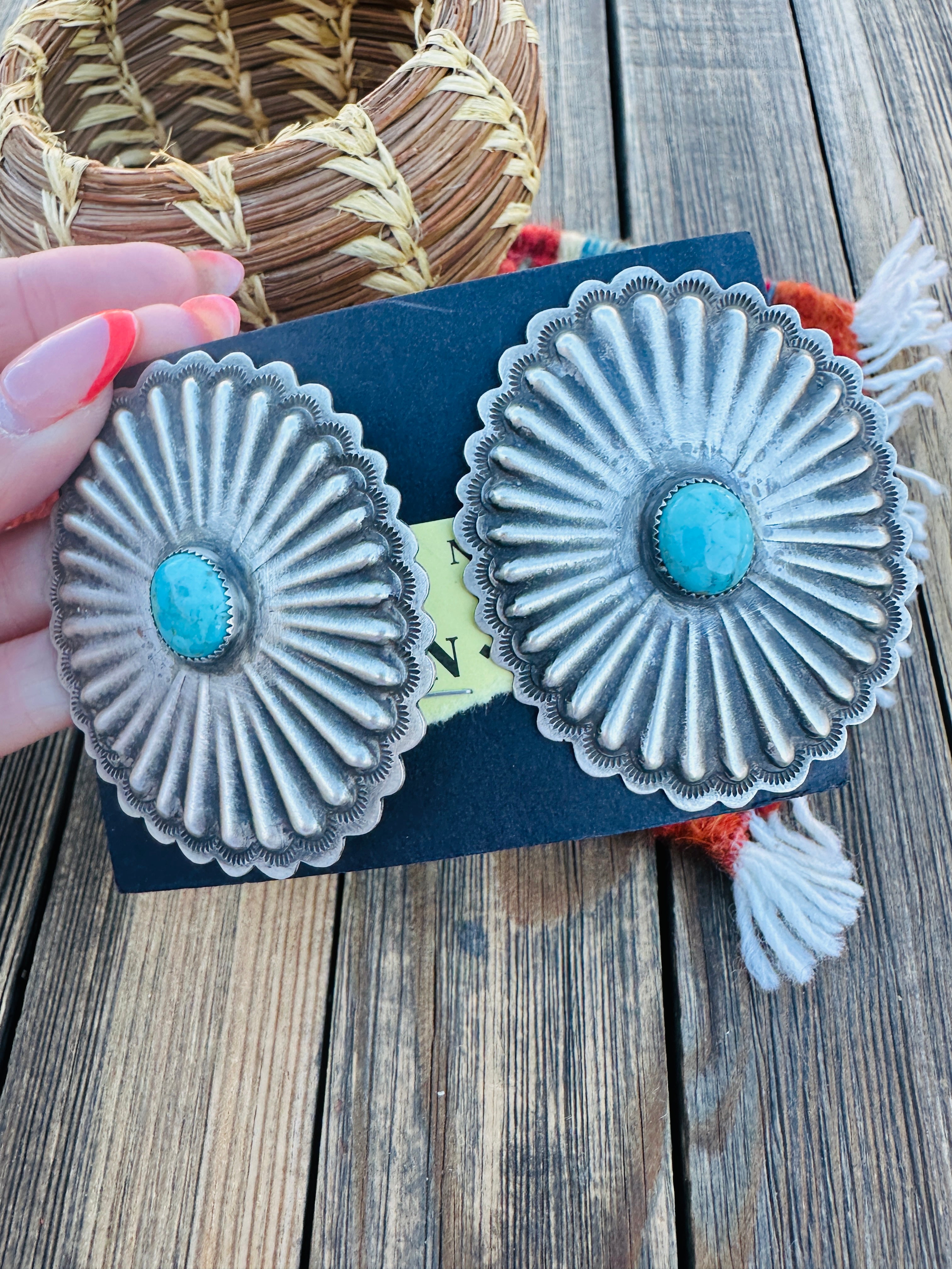 Handcrafted Old Pawn Sterling Silver & Turquoise Concho Post Earrings