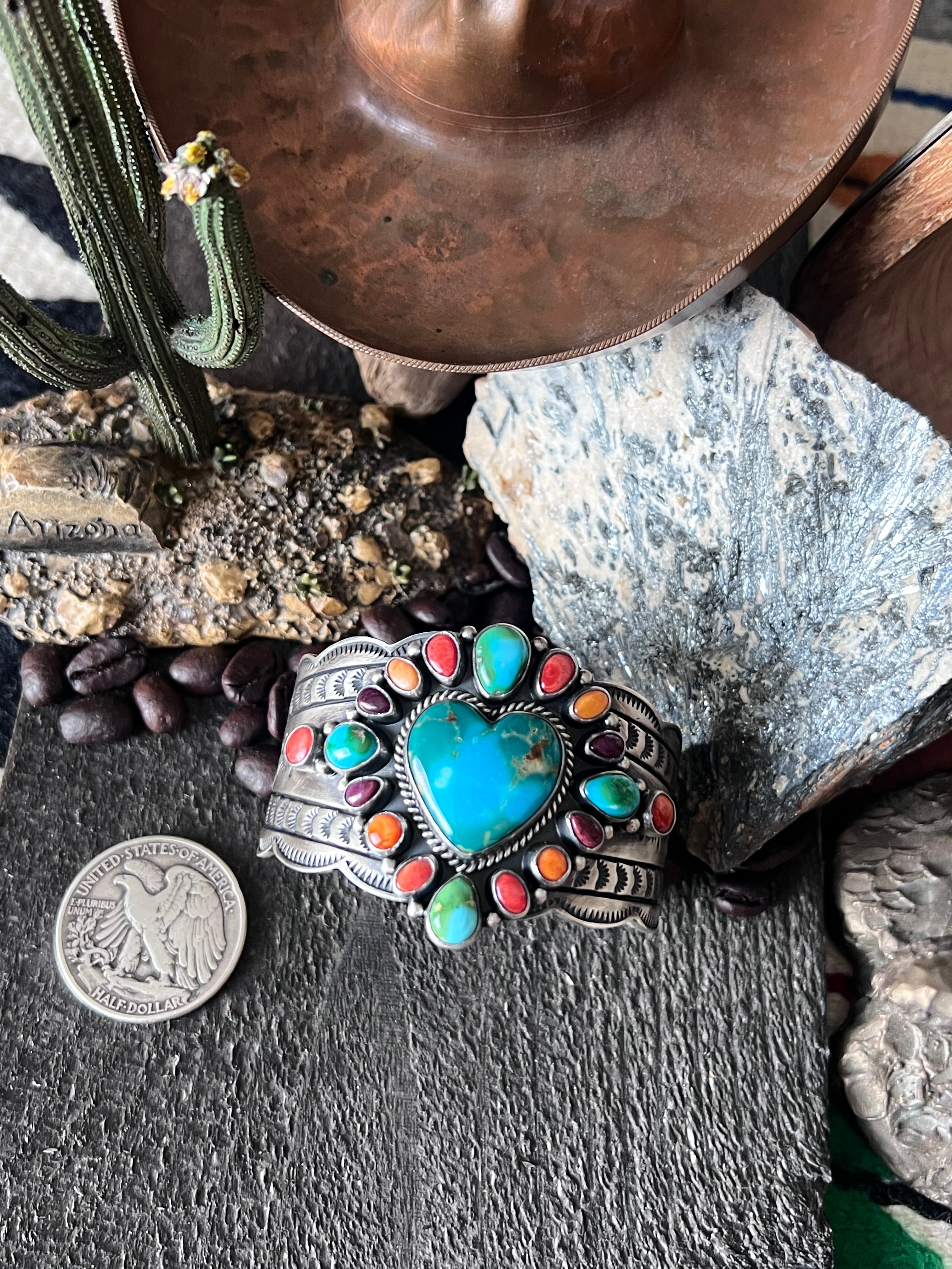 Handcrafted Sterling Silver Electric Rainbow Sonoran Turquoise and Spiny Oyster Cluster Cuff Bracelet by Murphy Platero