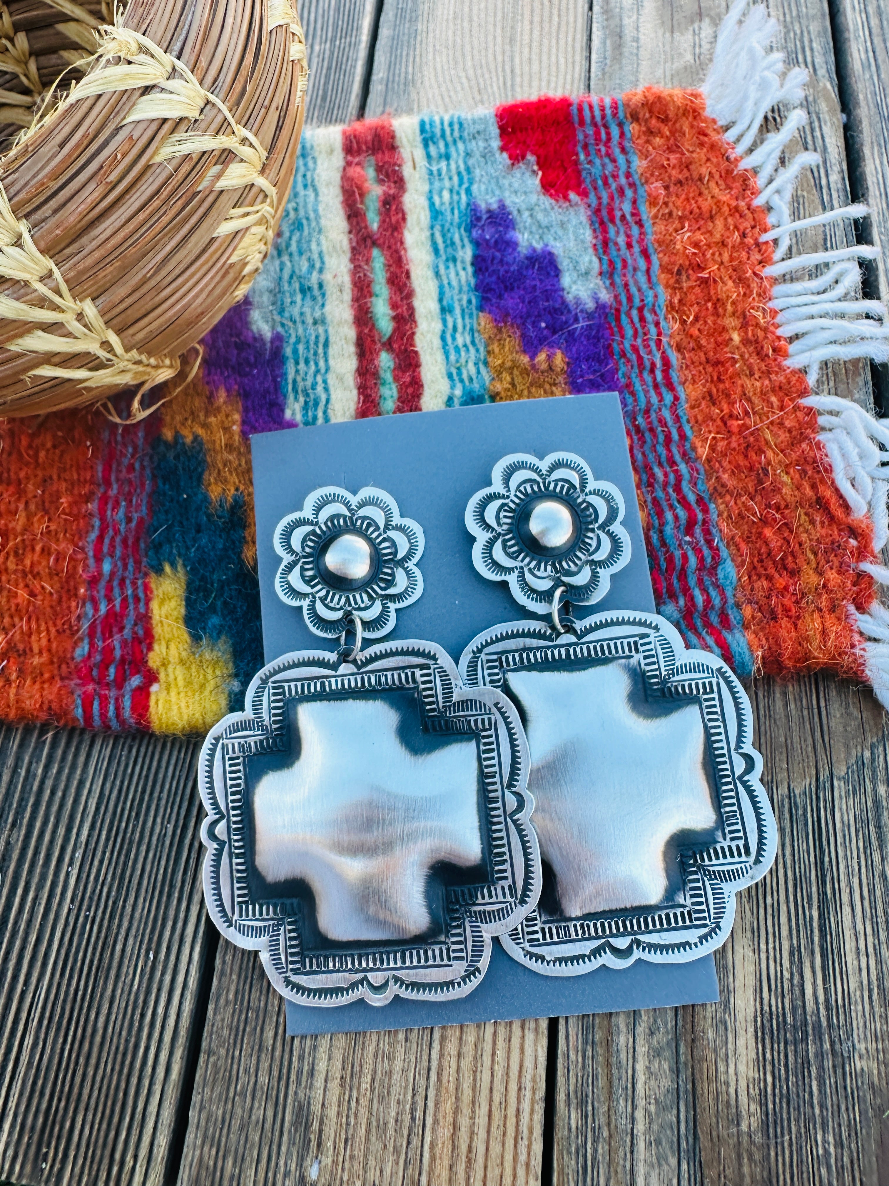 Handcrafted Sterling Silver Concho Cross Dangle Earrings by Leander Tahe