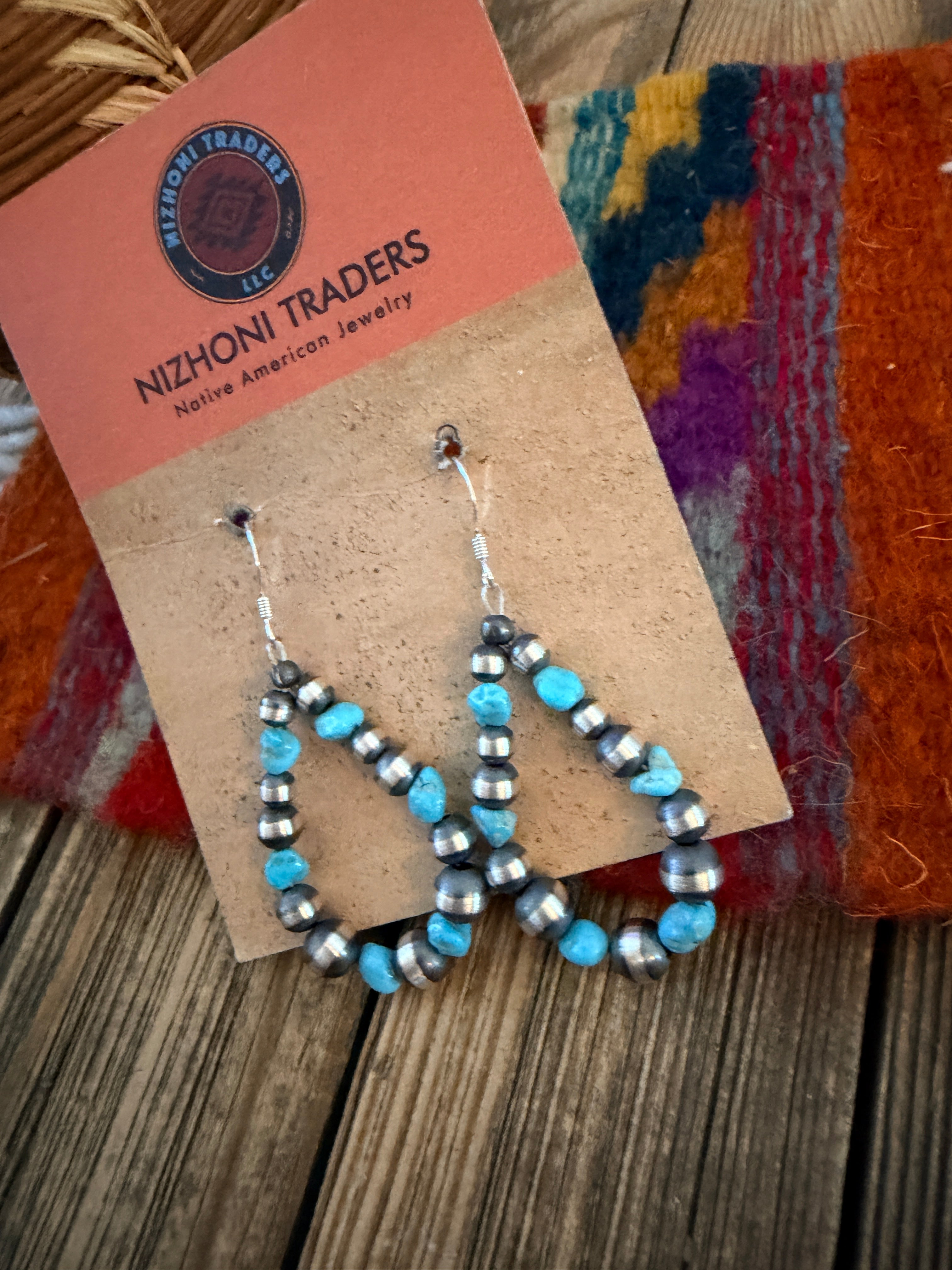 Handcrafted Turquoise & Sterling Silver Pearl Beaded Dangle Hoop Earrings