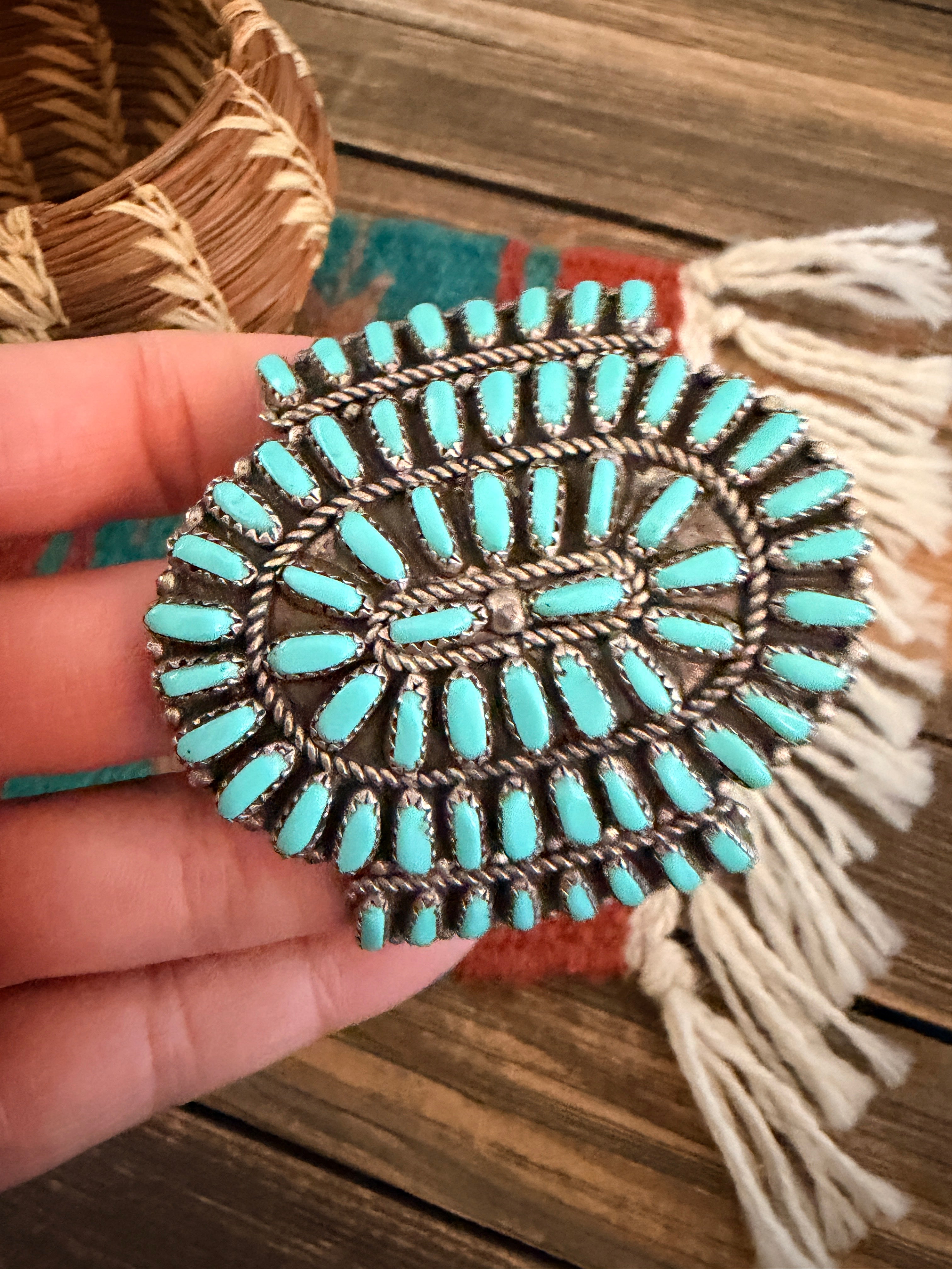 Handcrafted Old Pawn Sterling Silver & Turquoise Cluster Cuff Bracelet