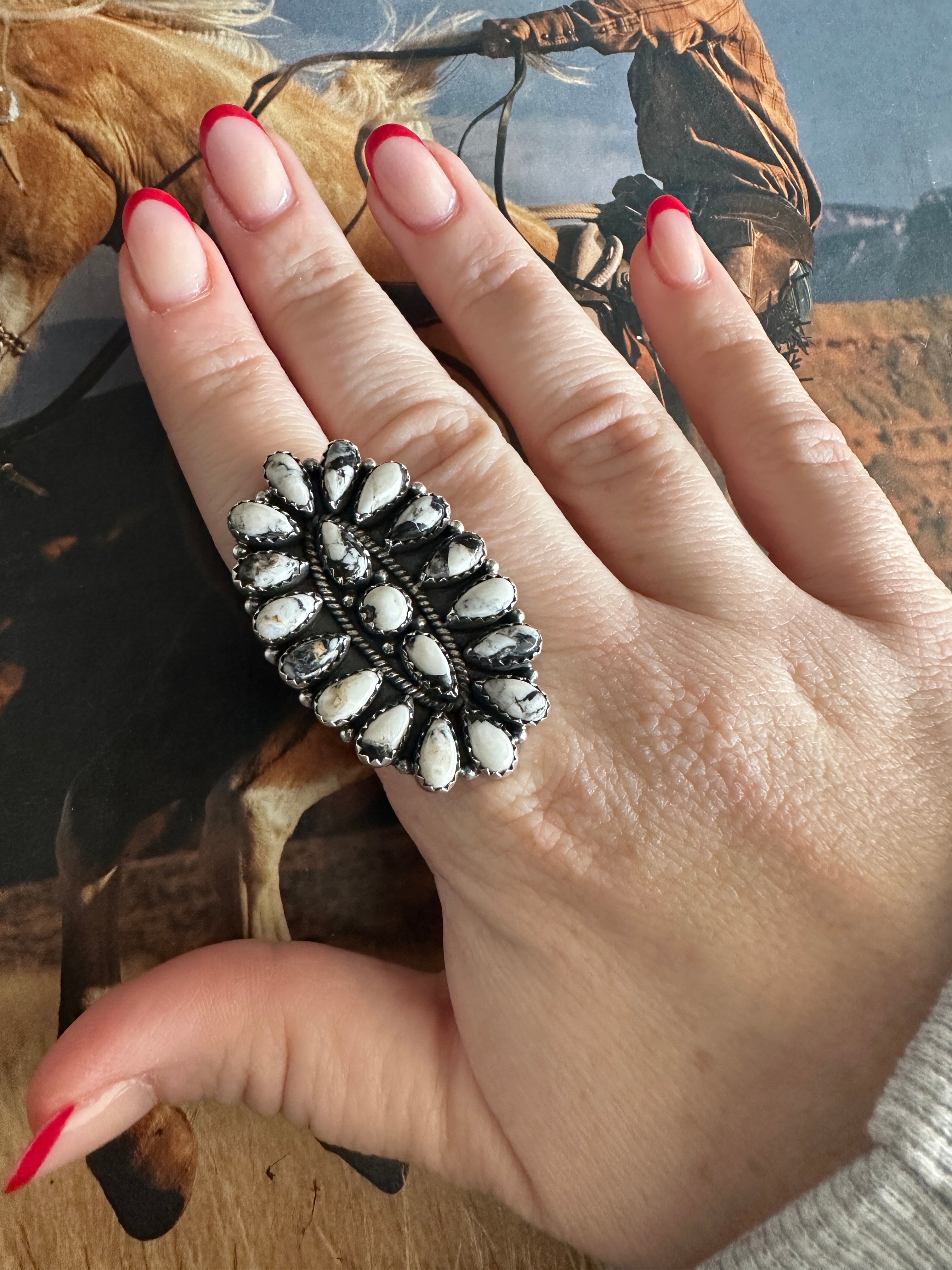THE SILVERTON Beautiful Handmade White Buffalo And Sterling Silver Adjustable Cluster Ring