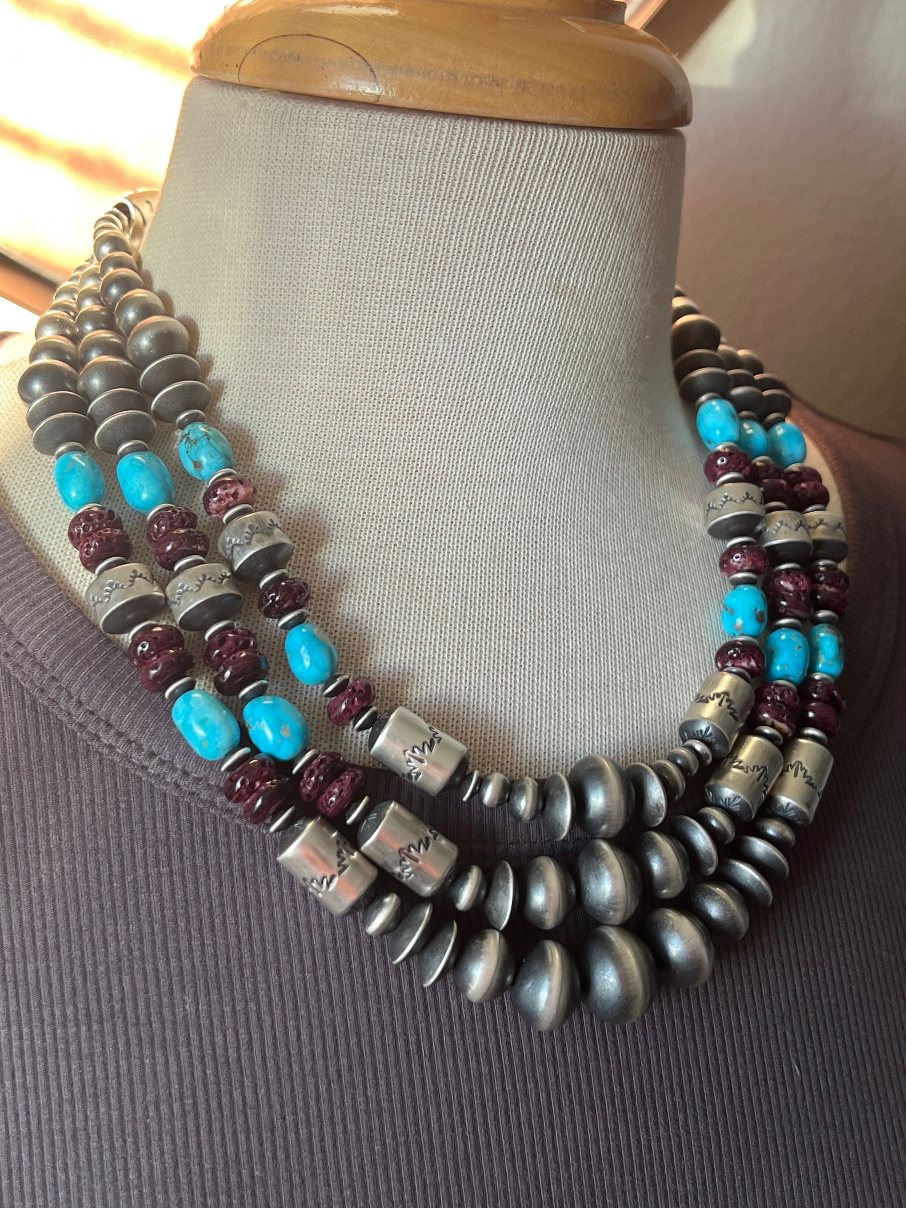 Rose Martin Handcrafted Triple Strand Sterling Silver, Spiny Oyster and Sonoran Mountain Bead Necklace