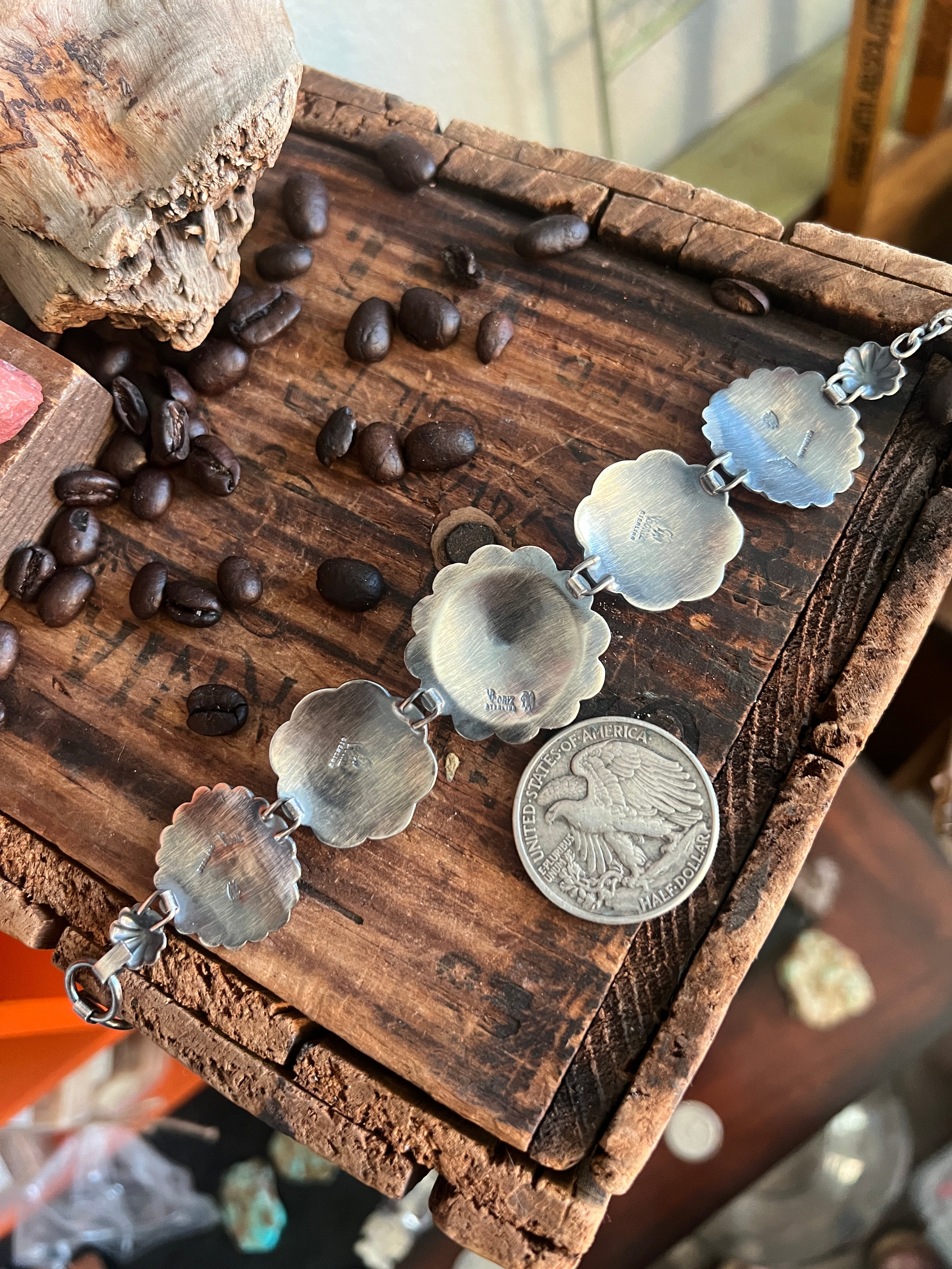 Raymond Coriz Sterling Concho Link Bracelet with Spiny Oyster Shell