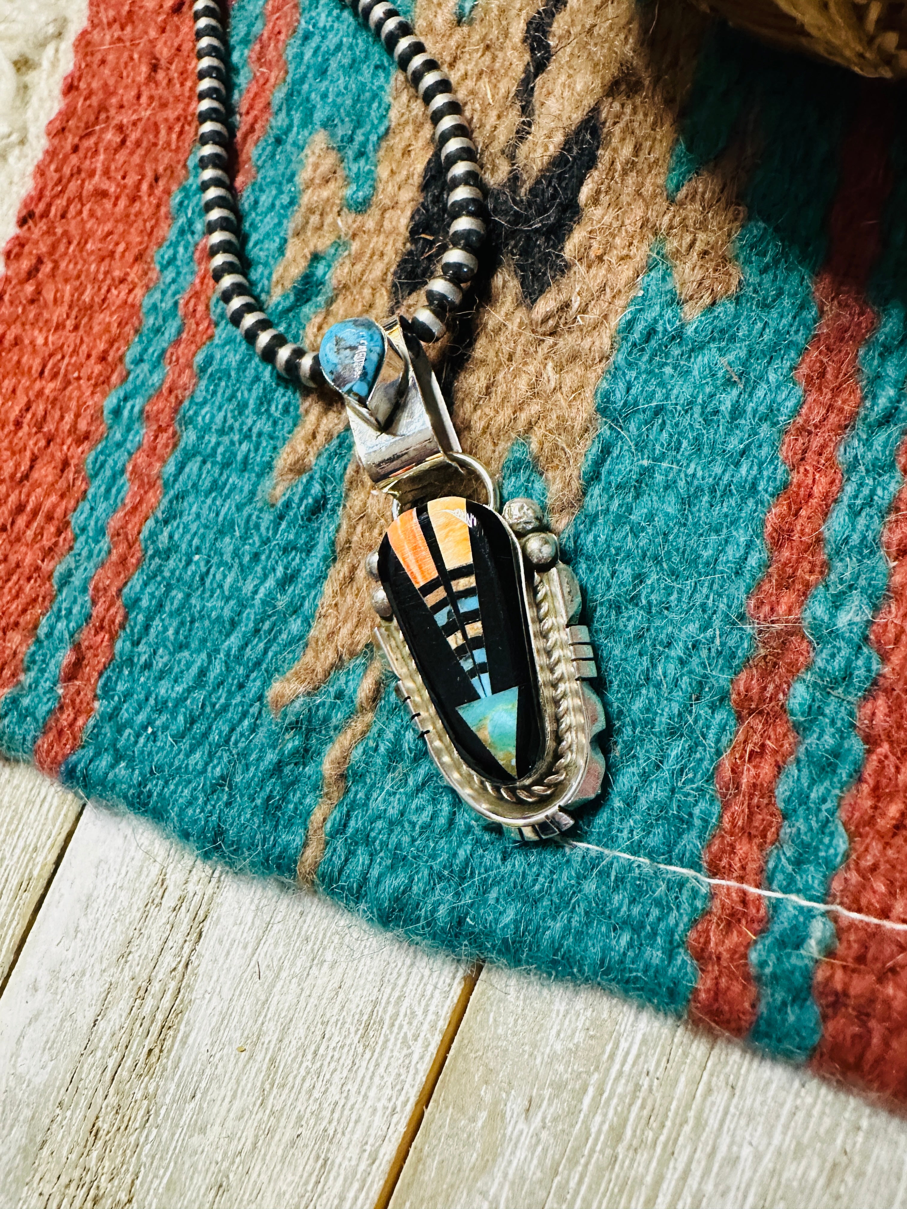 Handcrafted Sterling Silver and Multi Stone Inlay Pendant by Ray Jack