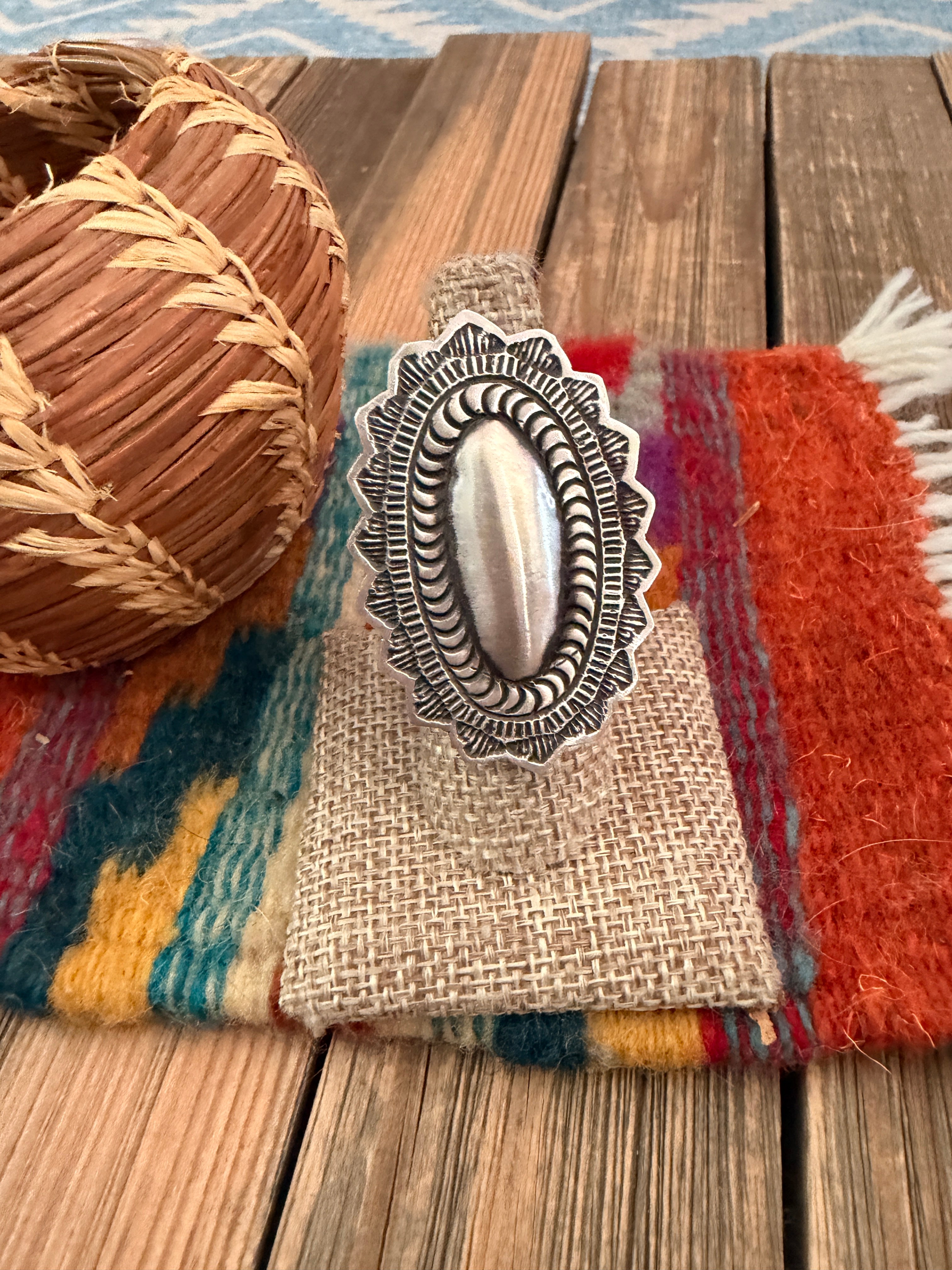 Handcrafted Sterling Silver Adjustable Concho Ring by Leander Tahe