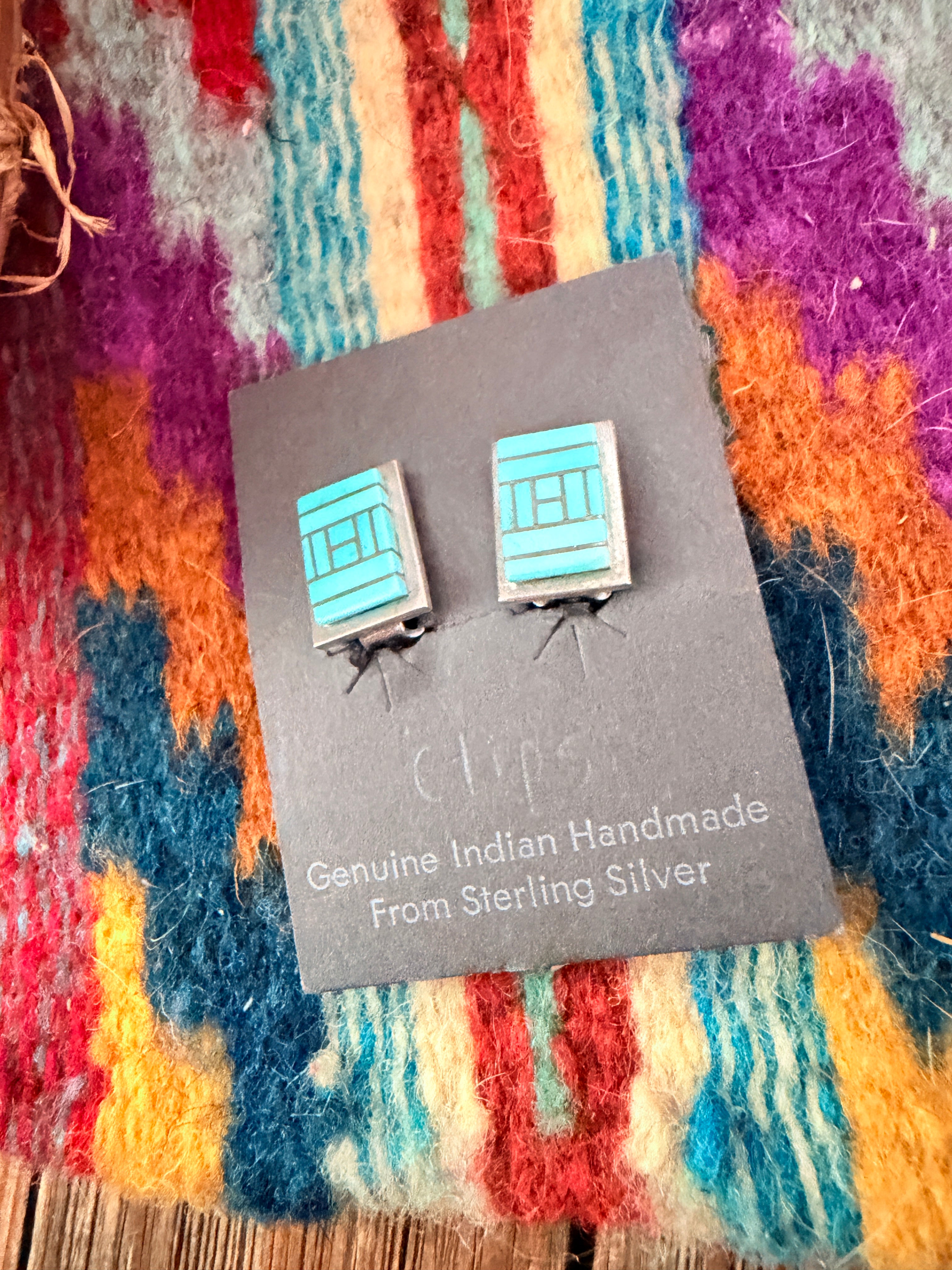 Old Pawn Handcrafted Sterling Silver & Turquoise Inlay Clip On Earrings