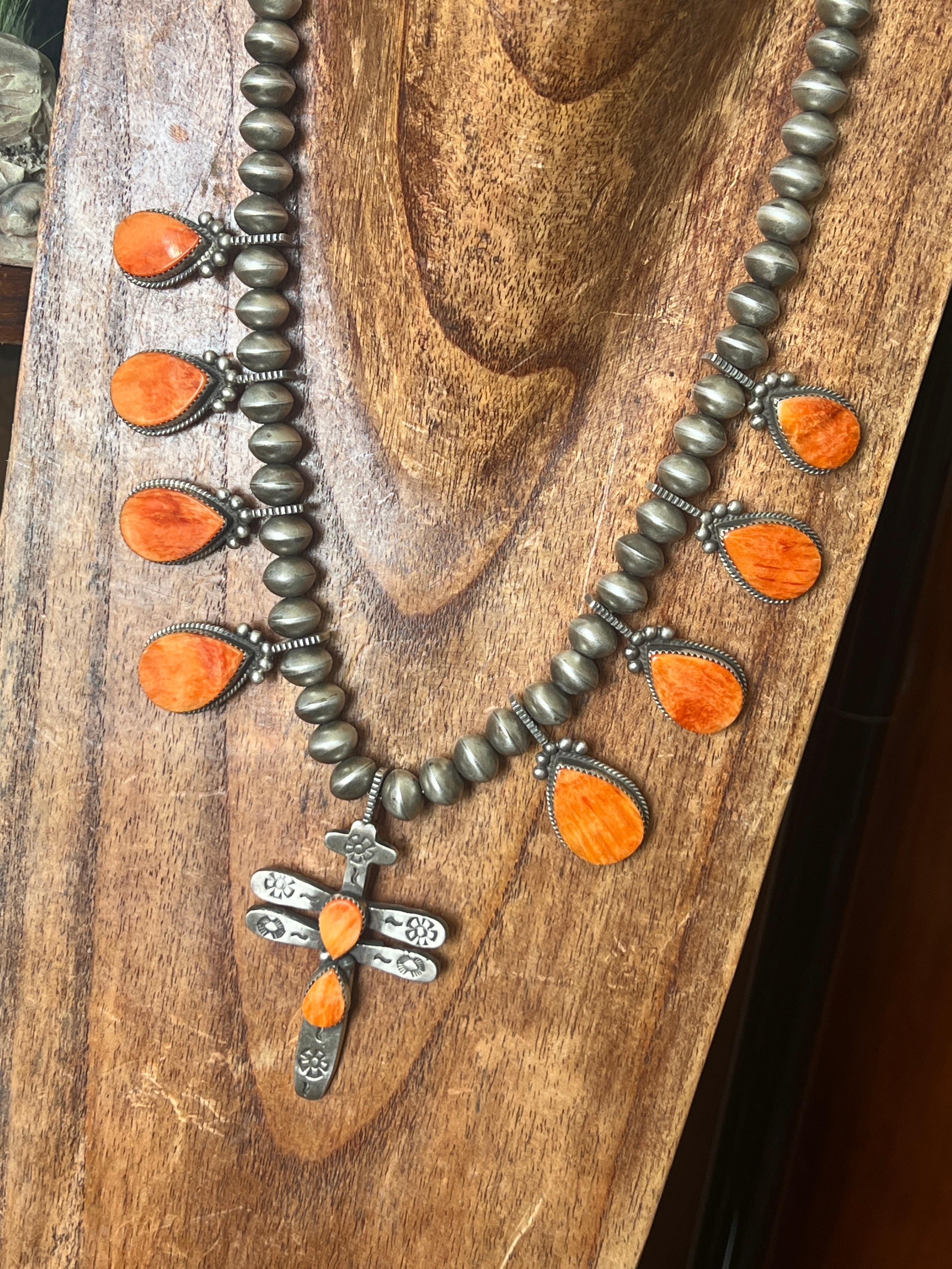 Handcrafted Sterling Silver And Orange Spiny Oyster Shell Dragonfly Bead Necklace by Selena Warner