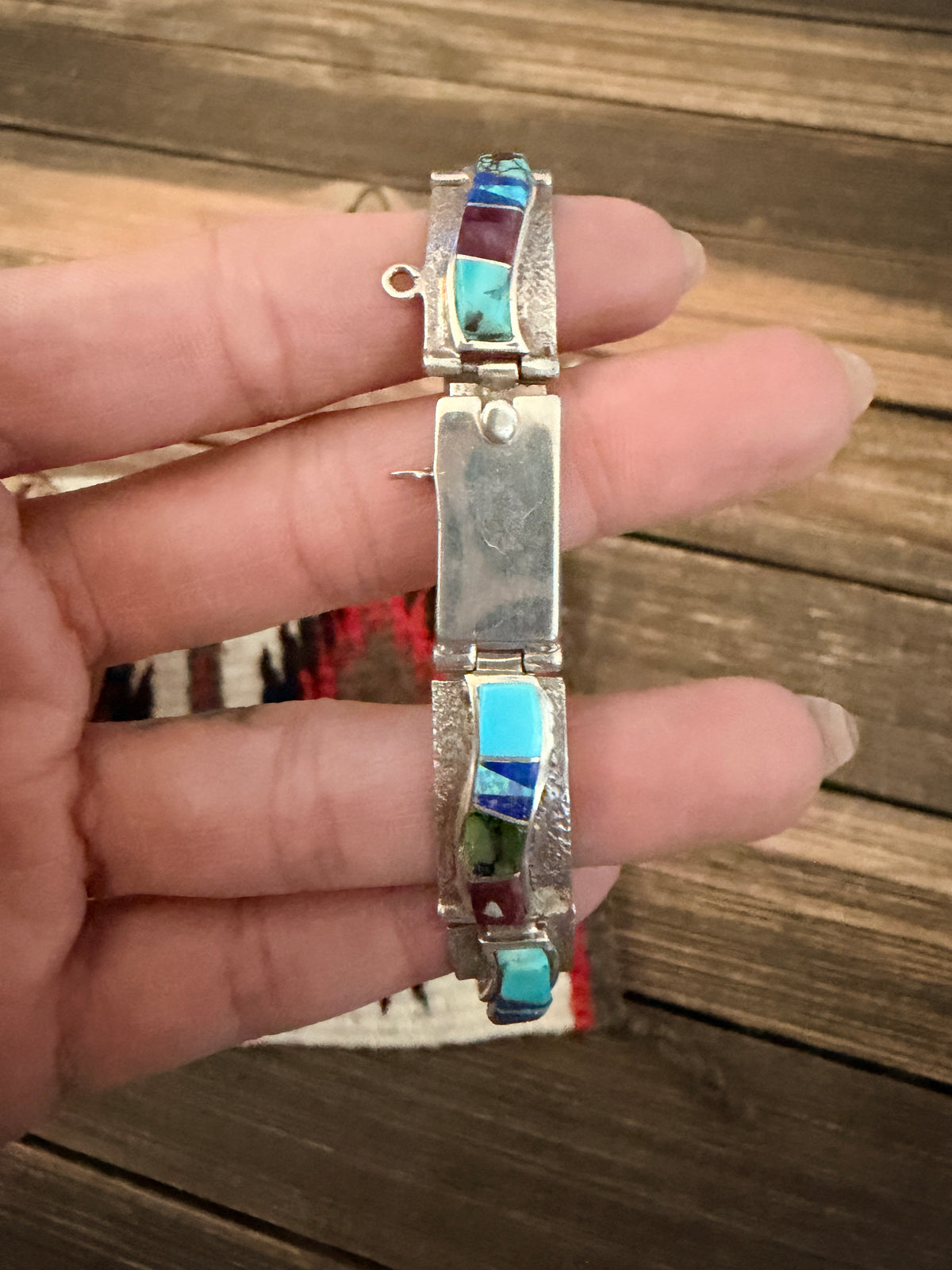 Handcrafted Old Pawn Sterling Silver & Multi Stone Inlay Link Bracelet