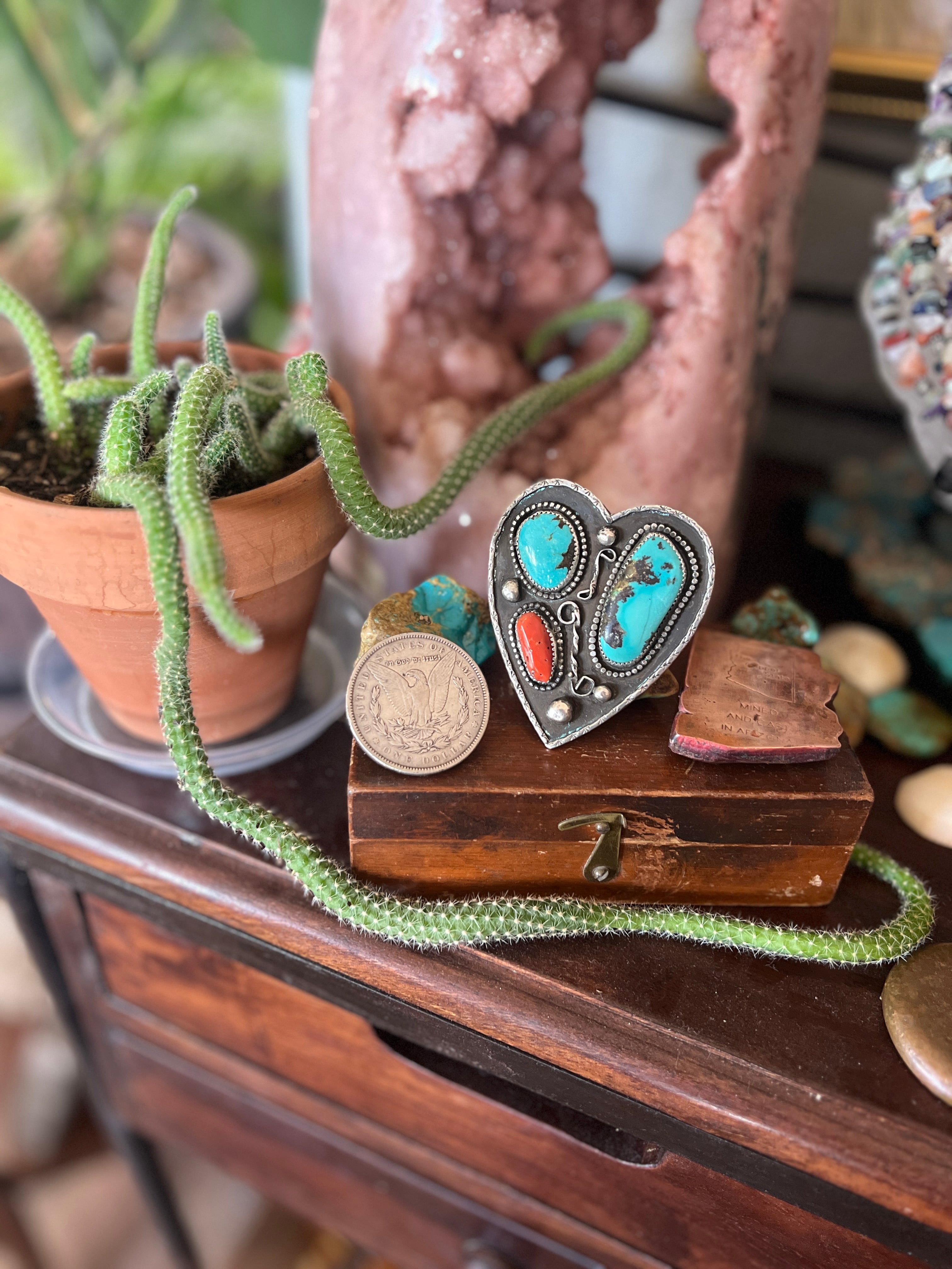 XL Vintage Sterling Silver, Turquoise and Mediterranean Coral Heart Ring, Size 10.25