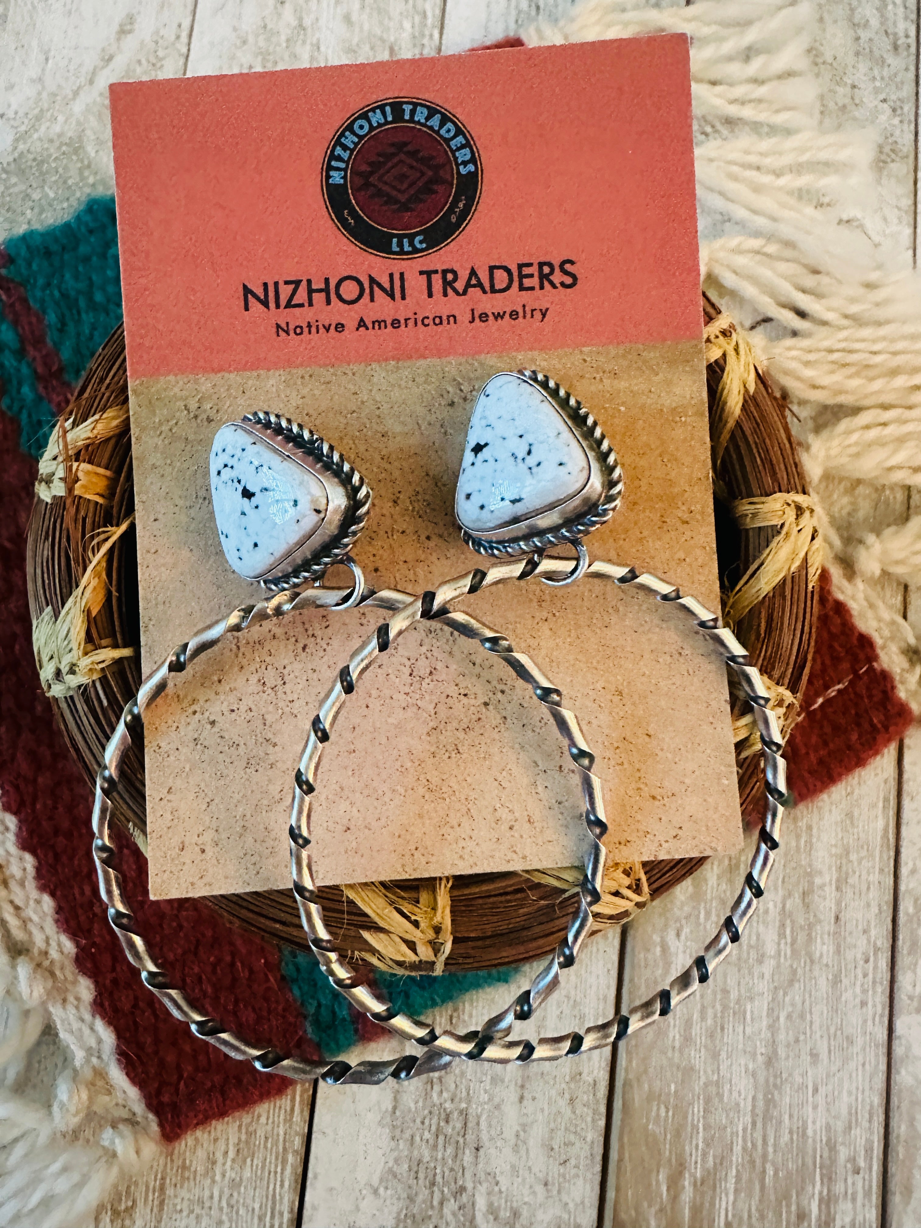 Navajo White Buffalo and Sterling Silver Dangle Hoop Earrings