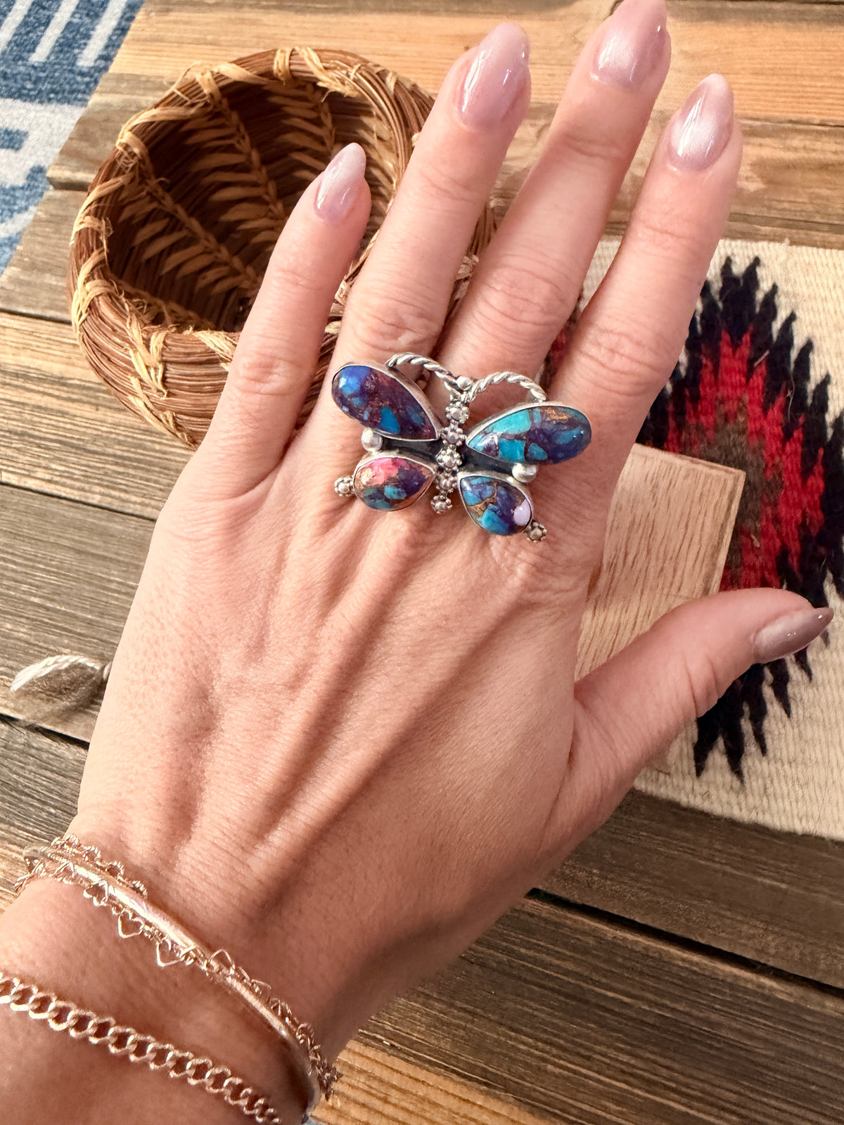 Handcrafted Pink Dream Mojave & Sterling Silver Adjustable Butterfly Ring